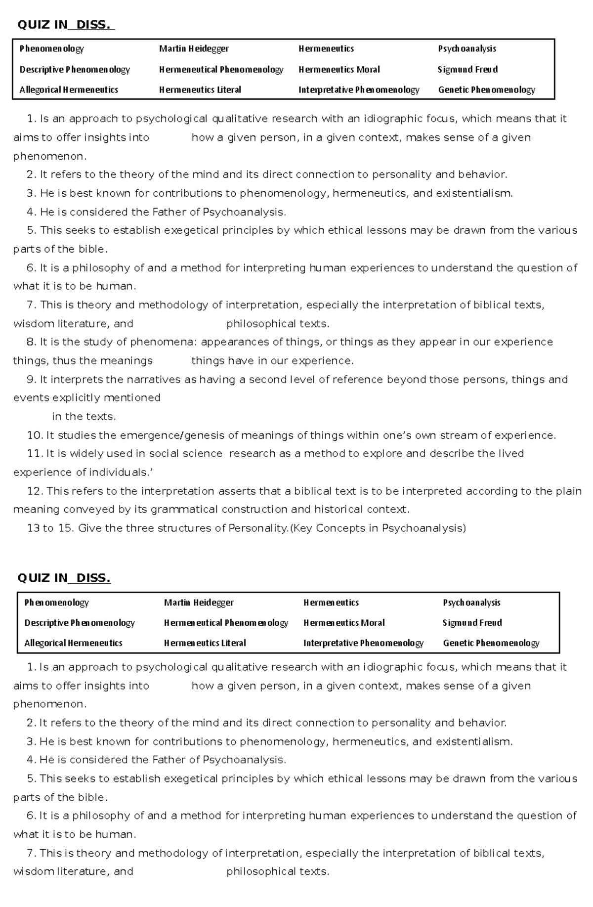 Quiz 2: Key Concepts in Psychoanalysis and Phenomenology - Studocu
