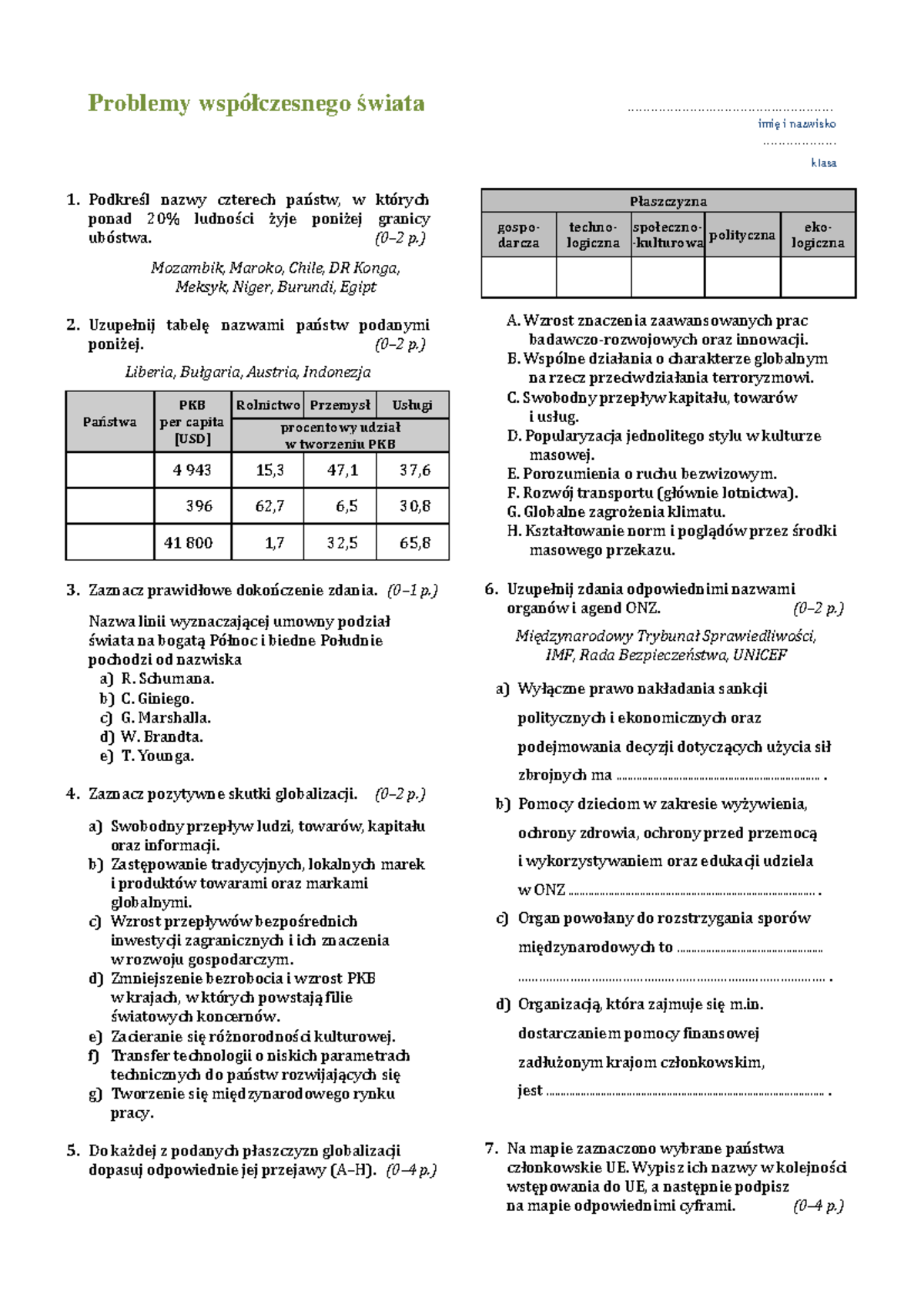 TEST - Problemy współczesnego świata: Kluczowe zagadnienia globalne ...