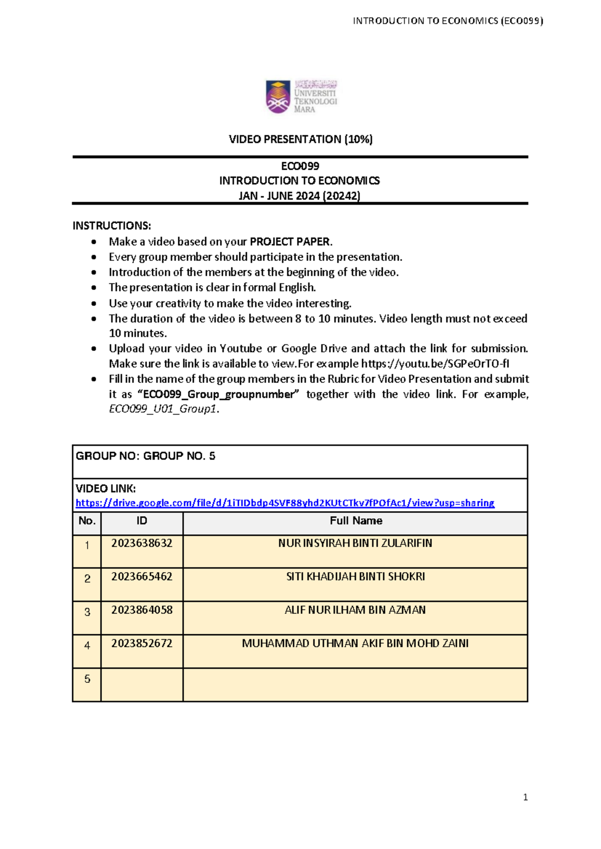 ECO099 Video Presentation Guidelines for Group 5 Project (20242) - Studocu