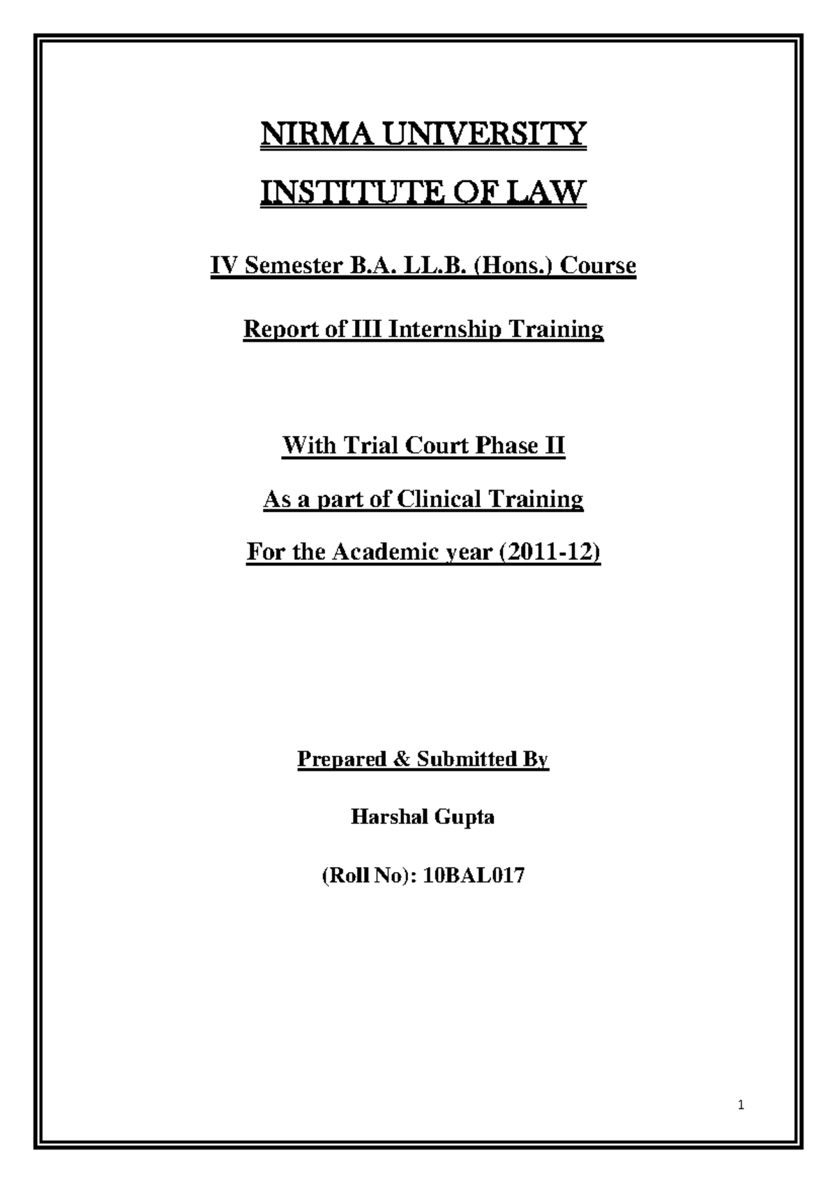 Final Report of Trial Court Internship - B.A. LL.B. (Hons.) IV Sem ...
