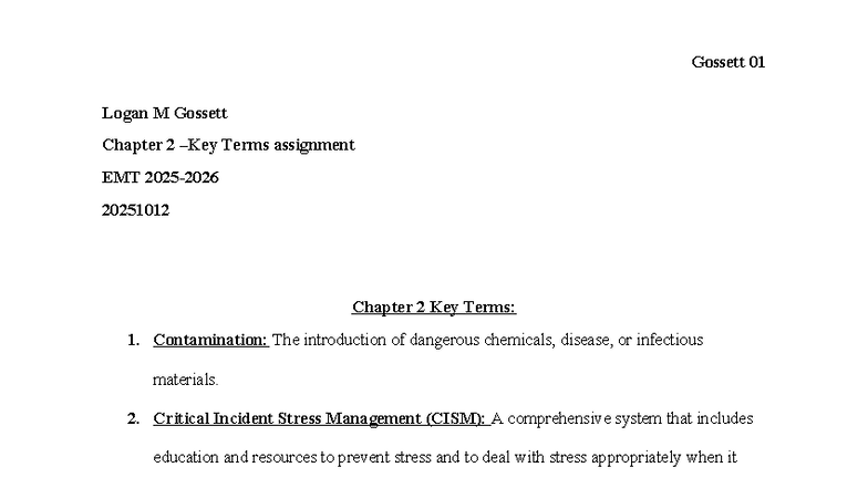 EMT 20251012 Chapter 2 Key Terms Assignment by Logan M Gossett - Studocu