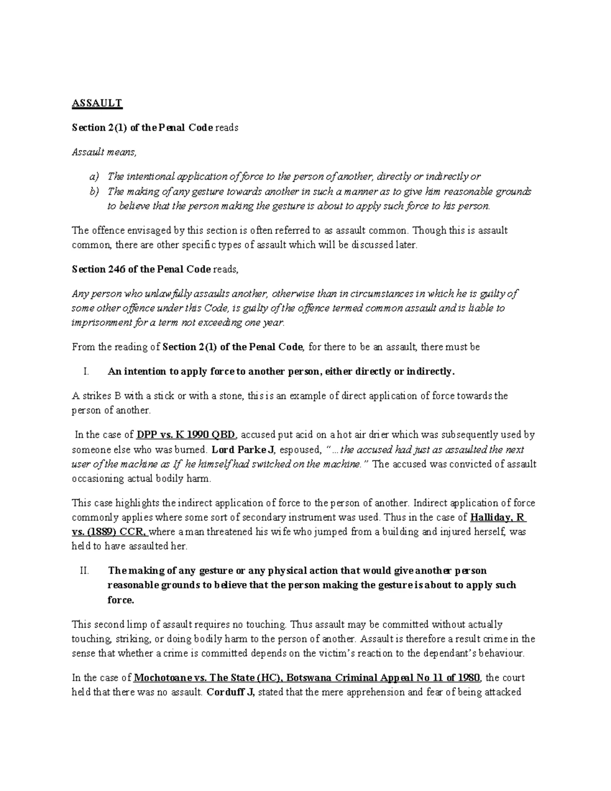 Law and Principles of Assault - A Study on Penal Code Sections - Studocu