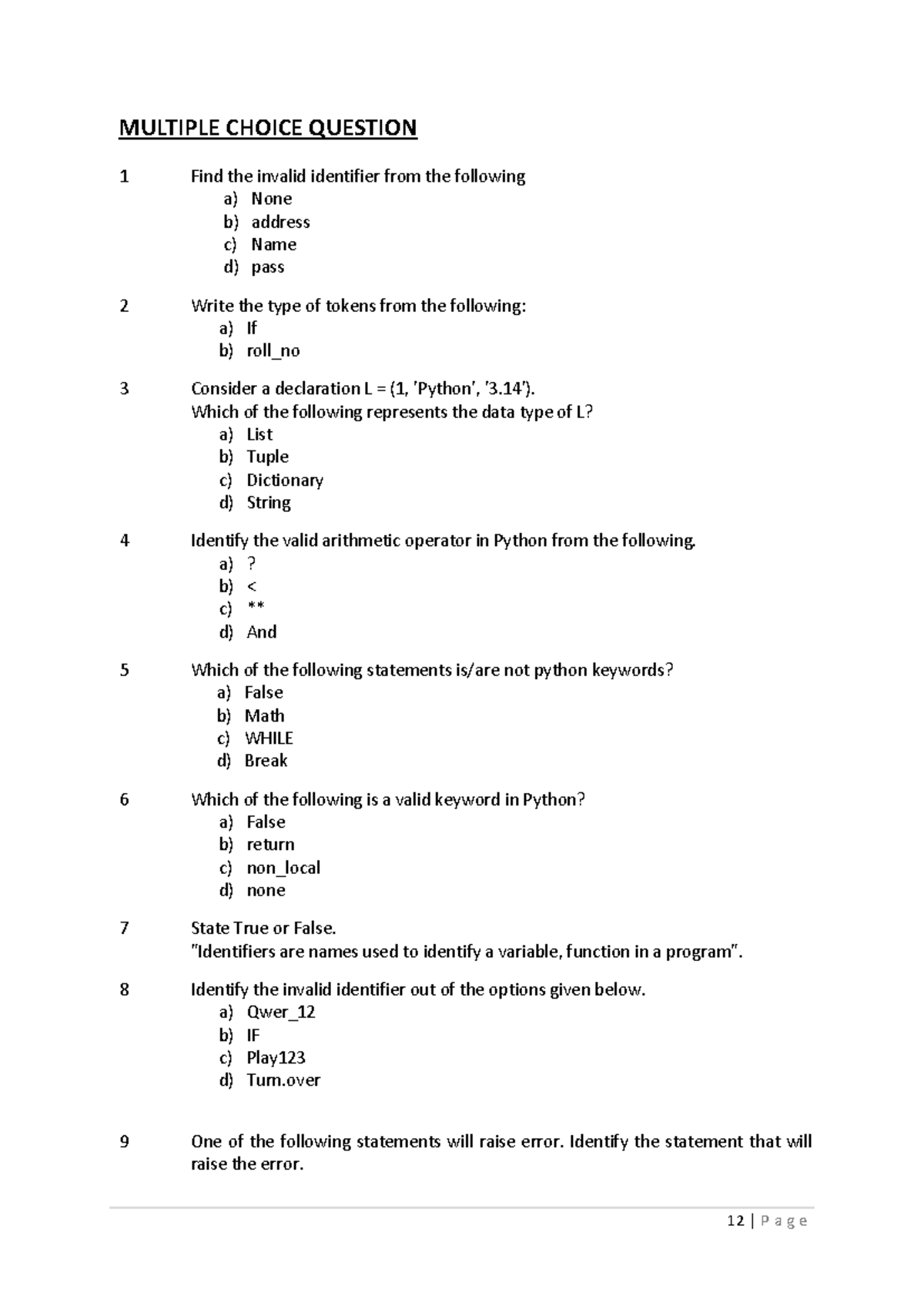 Python Programming MCQ Assignment 1 - Revision Tour 20260204 - Studocu