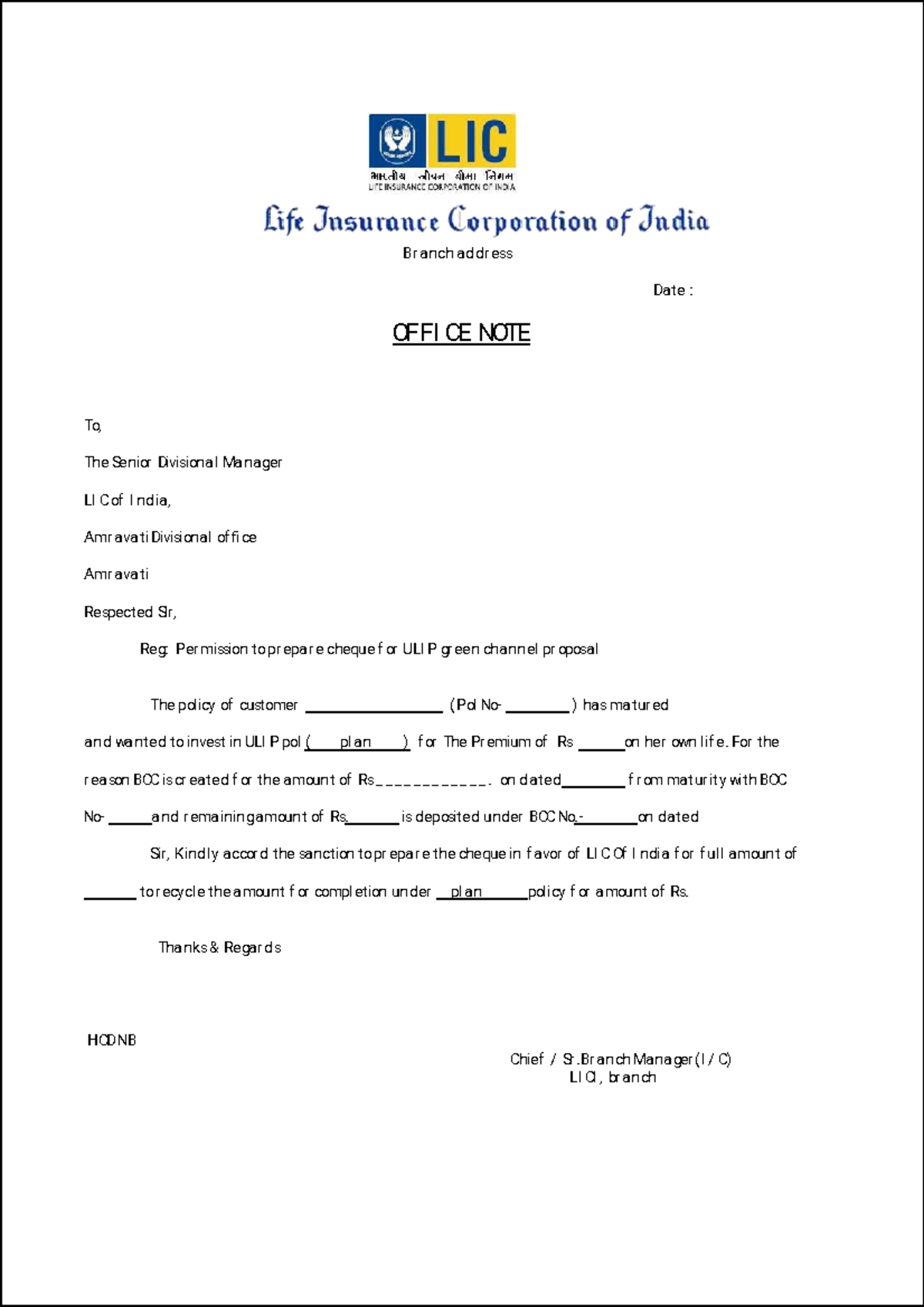 LIC of India Branch Office Note: Cheque Preparation Request - Studocu