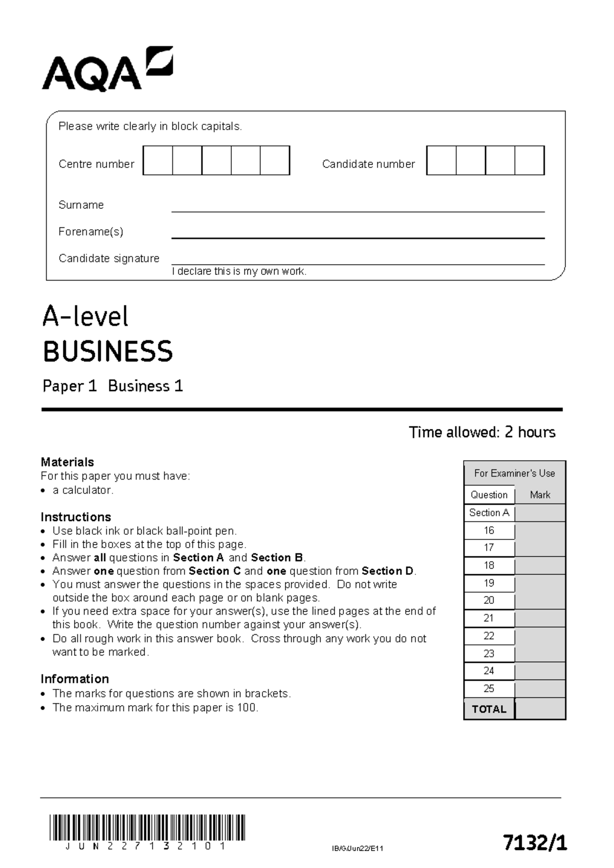 AQA A Level Business Paper 1 Exam Instructions and Questions - June ...