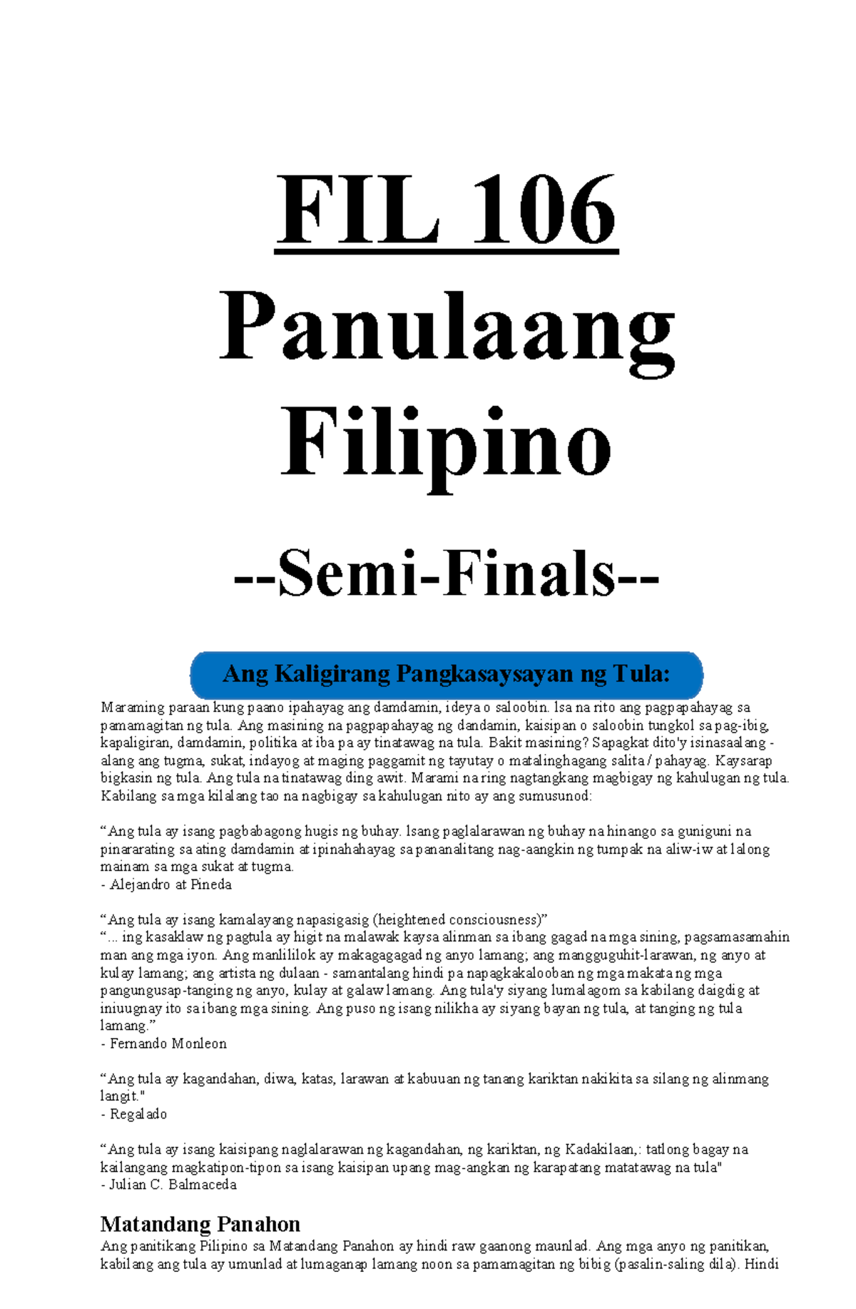LIT 106 Panulaang Filipino: Kaligirang Pangkasaysayan ng Tula - Studocu