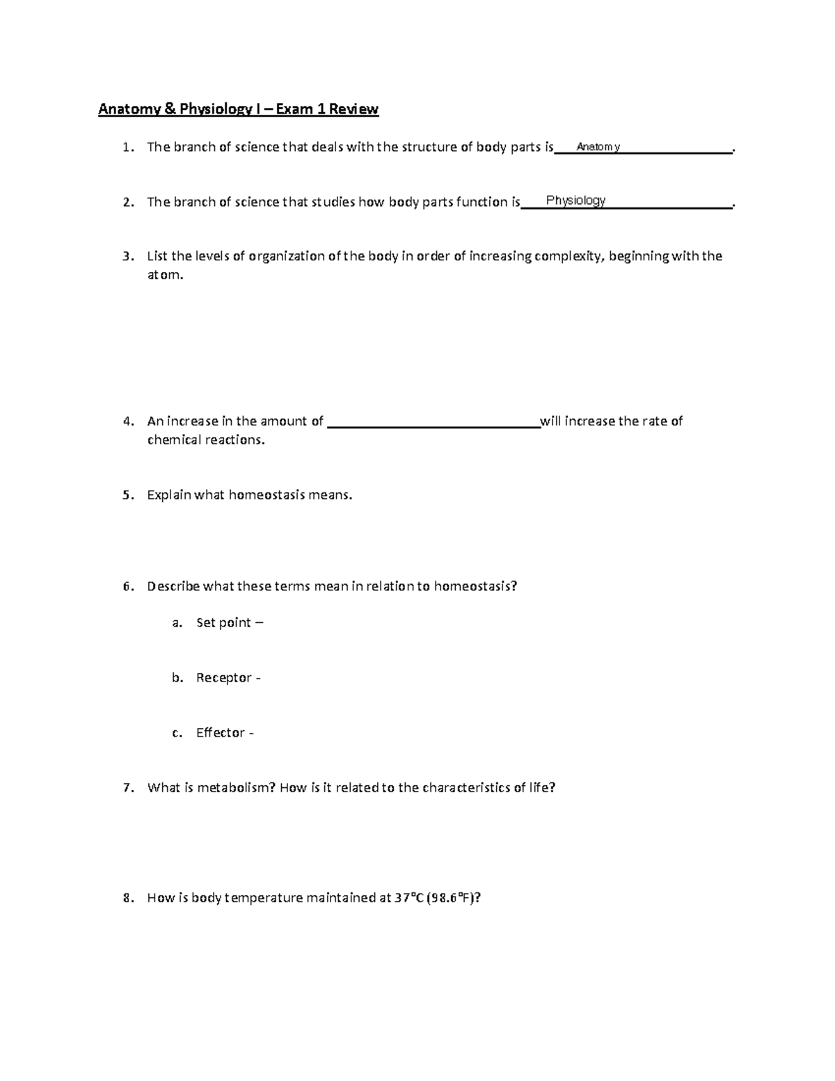 Anatomy & Physiology I - Exam 1 Review Notes - Studocu