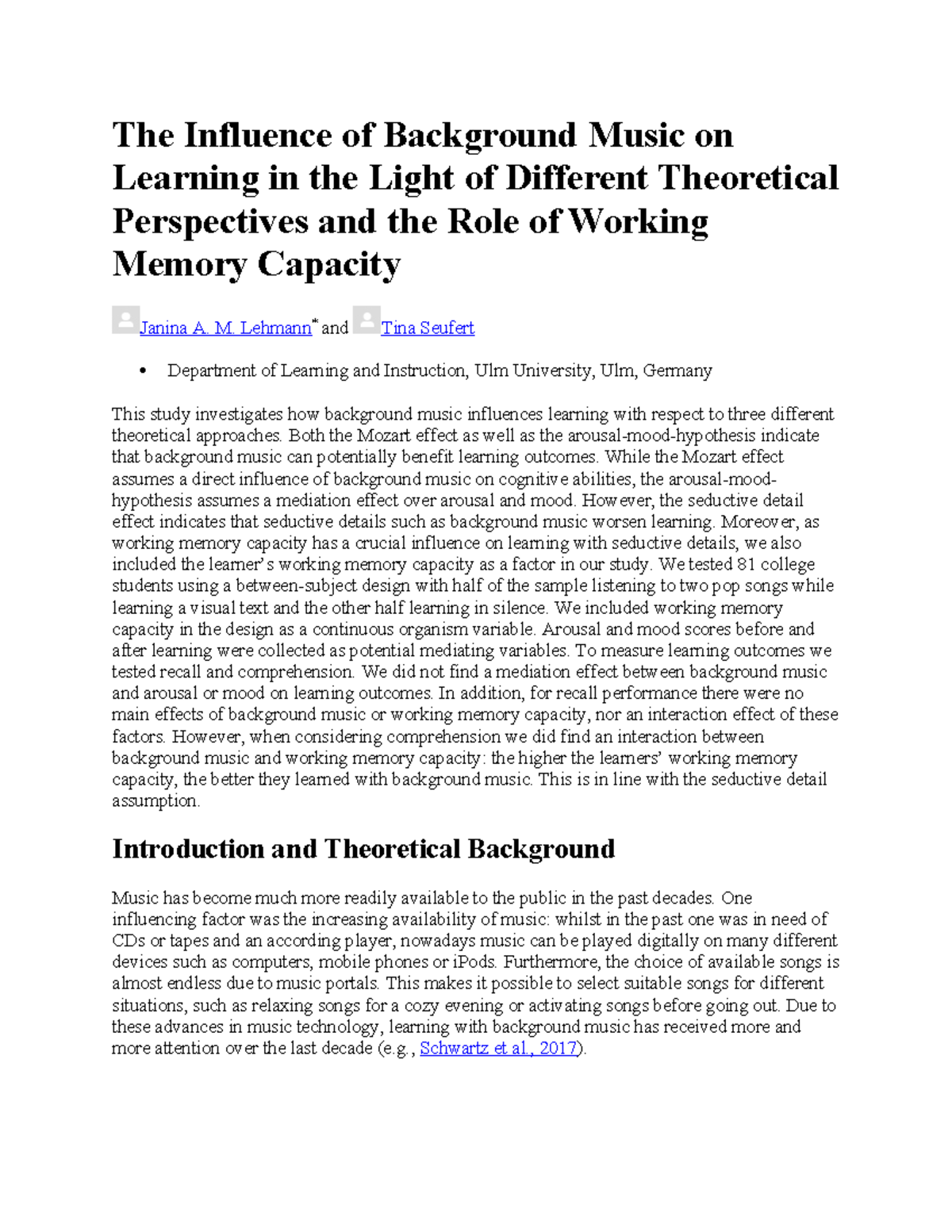 The Impact of Background Music on Learning: A Study on WM Capacity ...