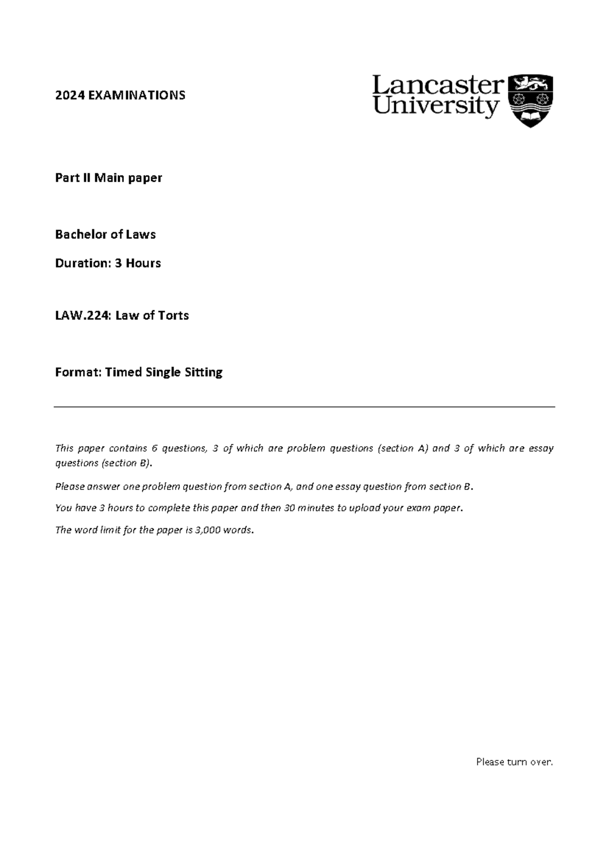 2024 LAW.224: Law of Torts Final Exam - Past Paper Analysis - Studocu