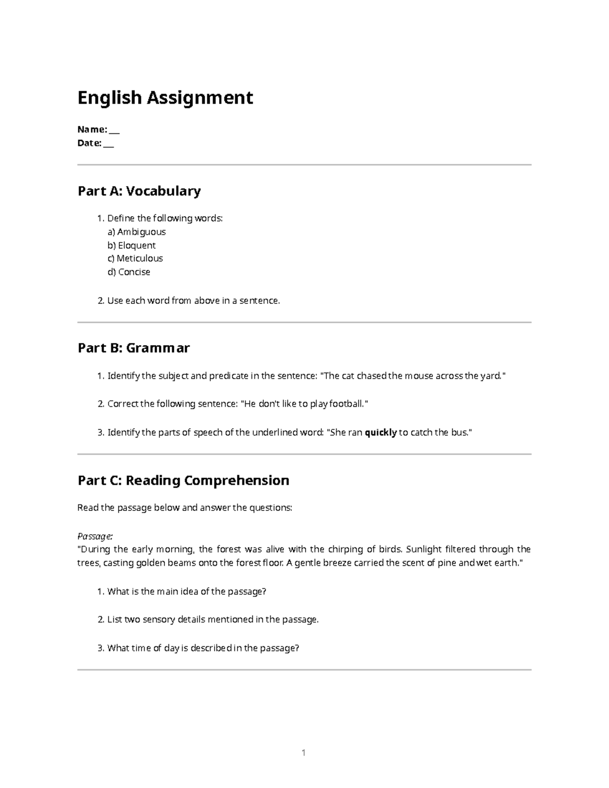 English Assignment: Vocabulary, Grammar, and Reading Comprehension ...