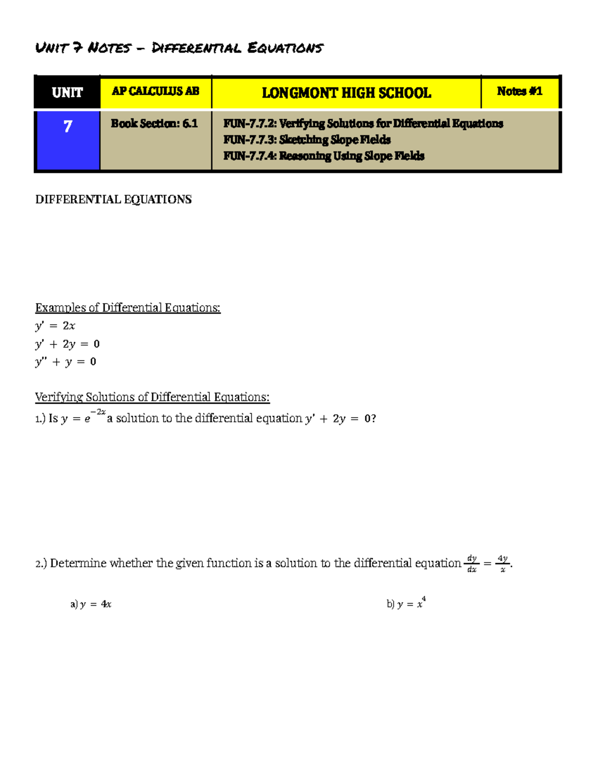 Unit 7 Notes: Differential Equations for AP Calculus AB (FUN-7.7 ...