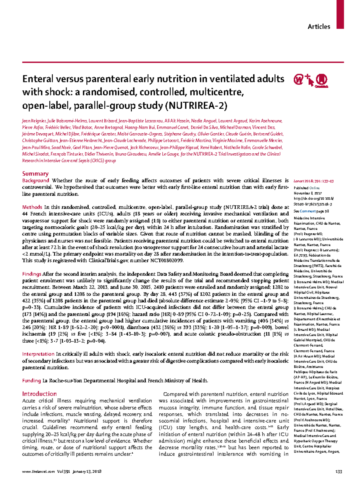 Early Nutrition in Ventilated Adults with Shock: Enteral vs Parenteral ...