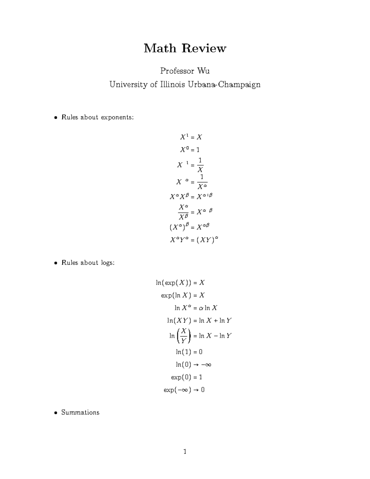 Math Review - Lecture Notes for MATH 101 by Prof. Wu - Studocu