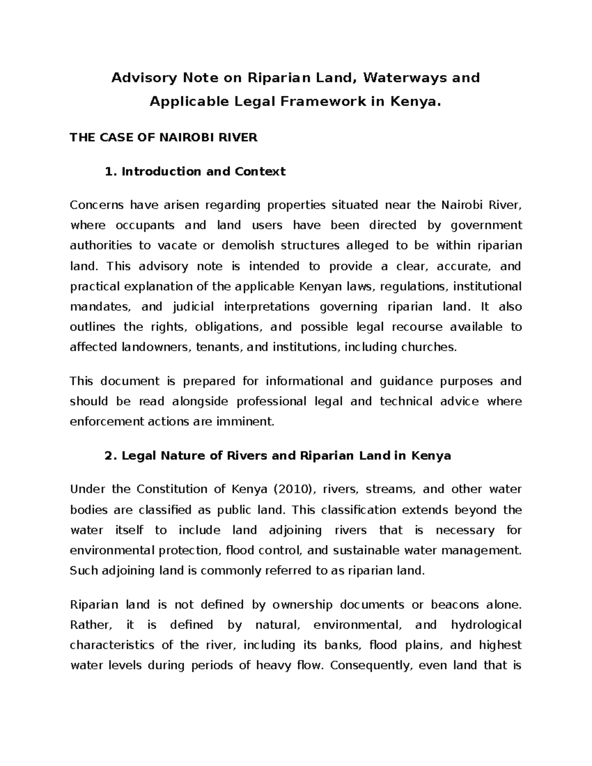 Advisory Note on Riparian Land & Legal Framework in Kenya: Nairobi ...