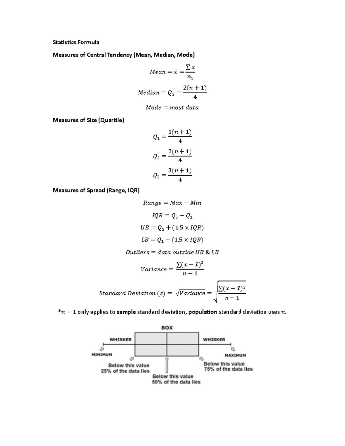 Mean, Median, Mode Notes - StaƟsƟcs Formula Measures of Central ...