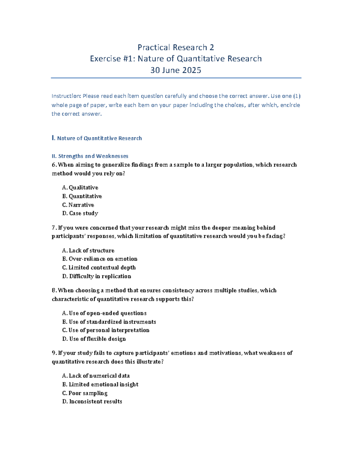 Practical Research 2: Exercise on Nature of Quantitative Research - Studocu