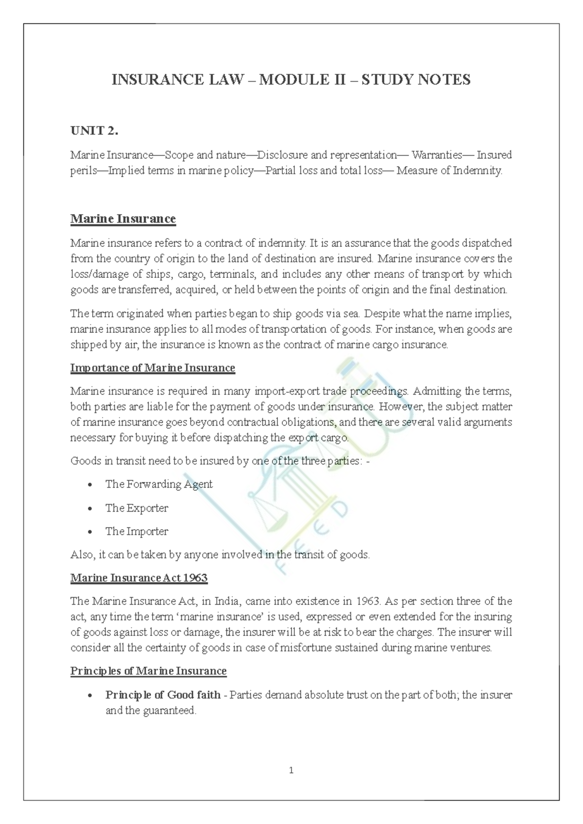 Marine Insurance Law II Study Notes: Unit 2 - Indemnity & Terms - Studocu
