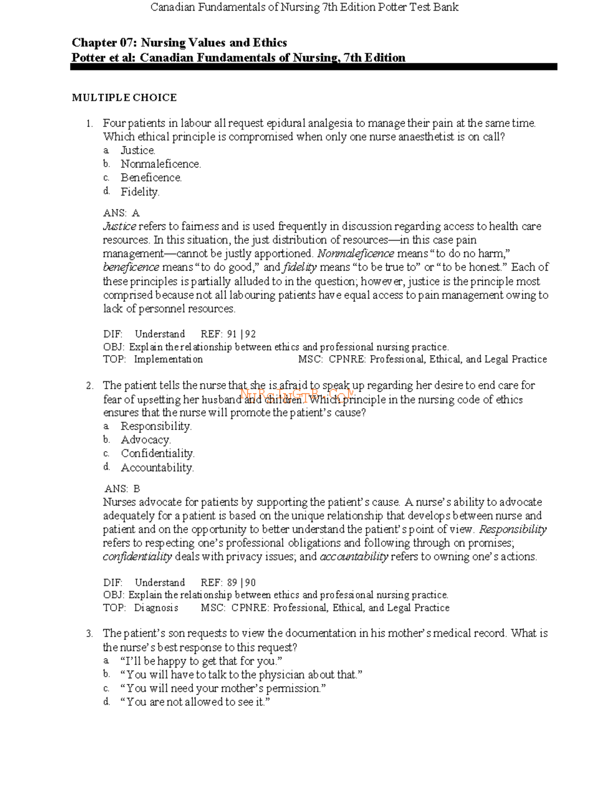 Canadian Fundamentals of Nursing 7th Ed. Potter Test Bank Ch. 07 ...