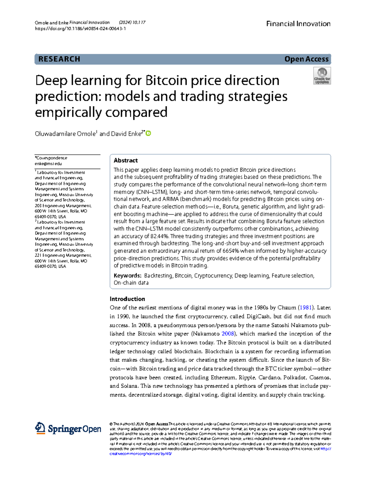 S40854 024 00643 1 - Deep Learning Models for Bitcoin Price Prediction -  Studocu
