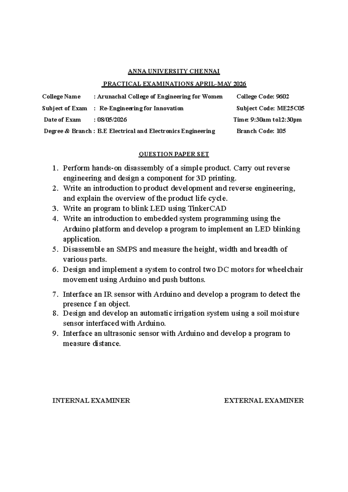 ME25C05 Practical Exam Questions for B.E. EEE - 2026 - Studocu