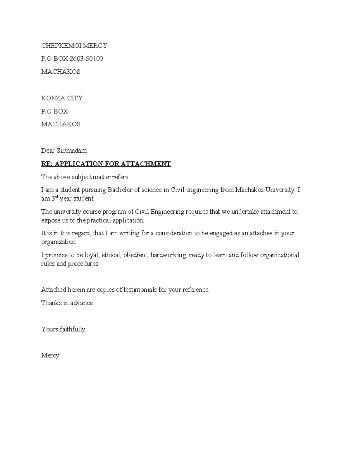 CHE 301: Application for Attachment - Mercy Chepkemoi - Studocu