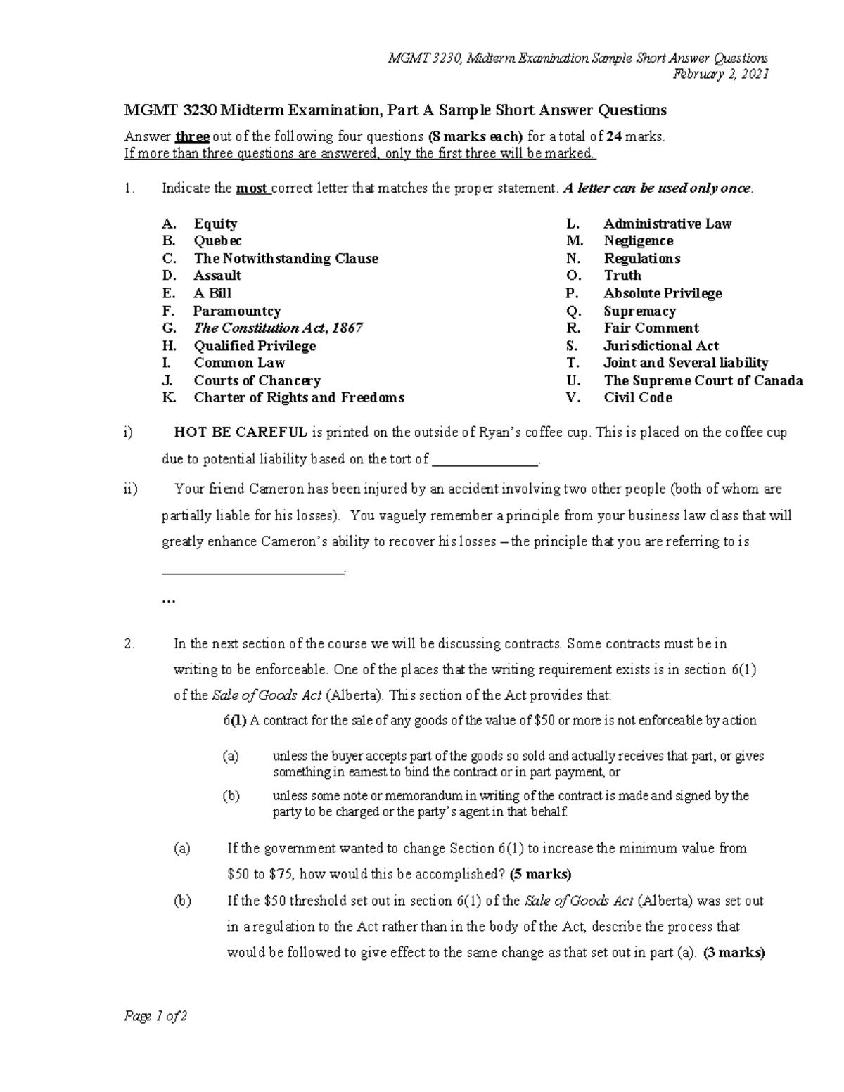 MGMT 3230 Midterm Exam: Sample Short Answer Questions - Studocu