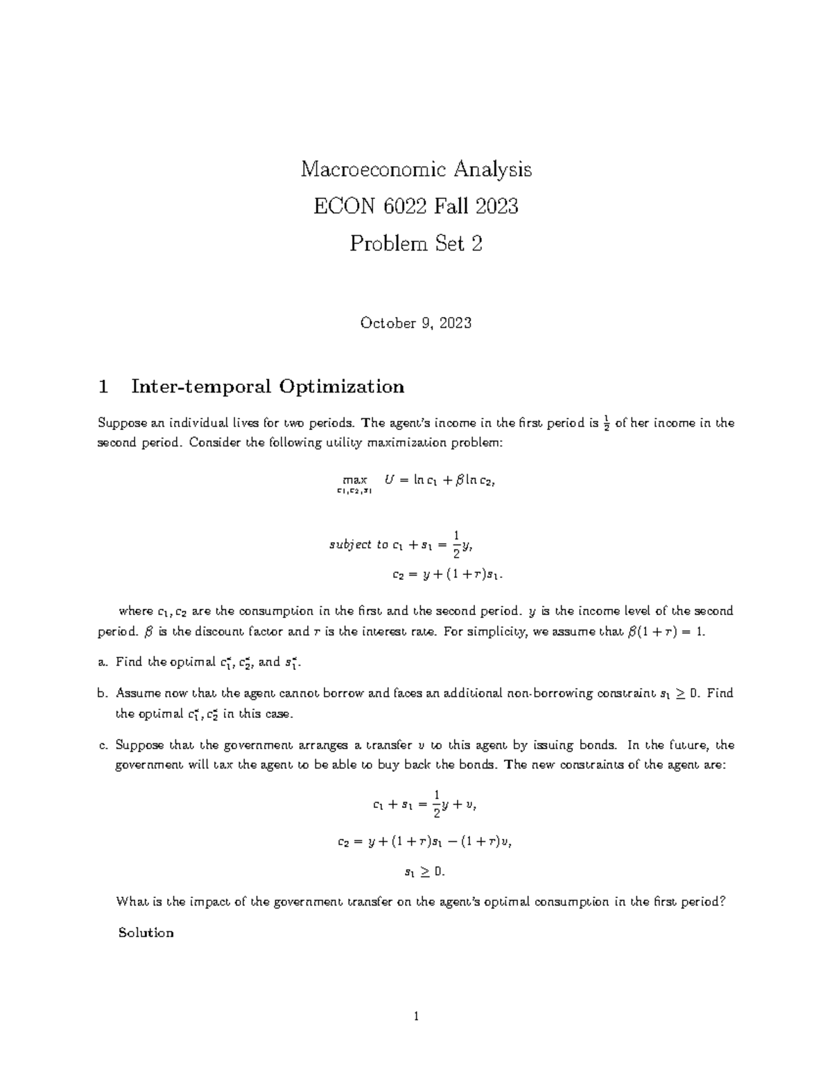 2023 ECON 6022 PS2 Macroeconomic Analysis Problem Set Solutions - Studocu