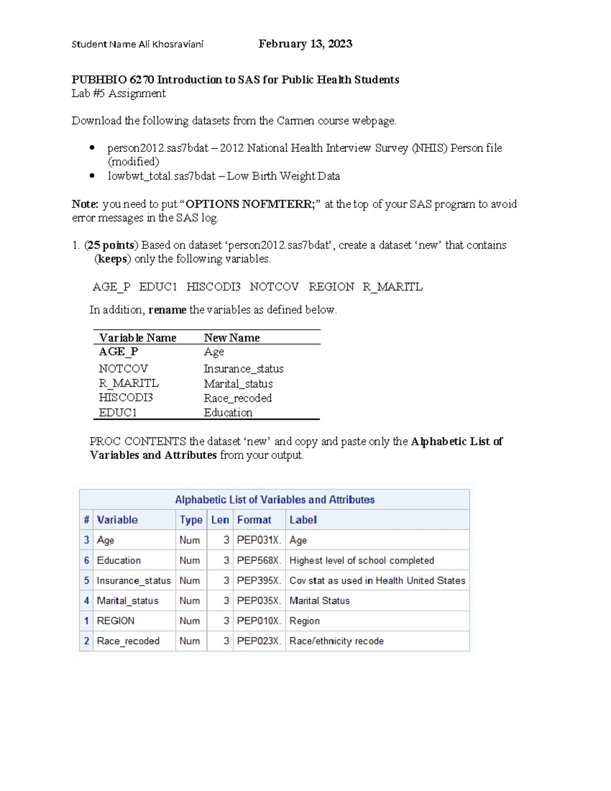 Lab 10 Assignment for PUBHBIO 6270: SAS Data Analysis Tasks - Studocu