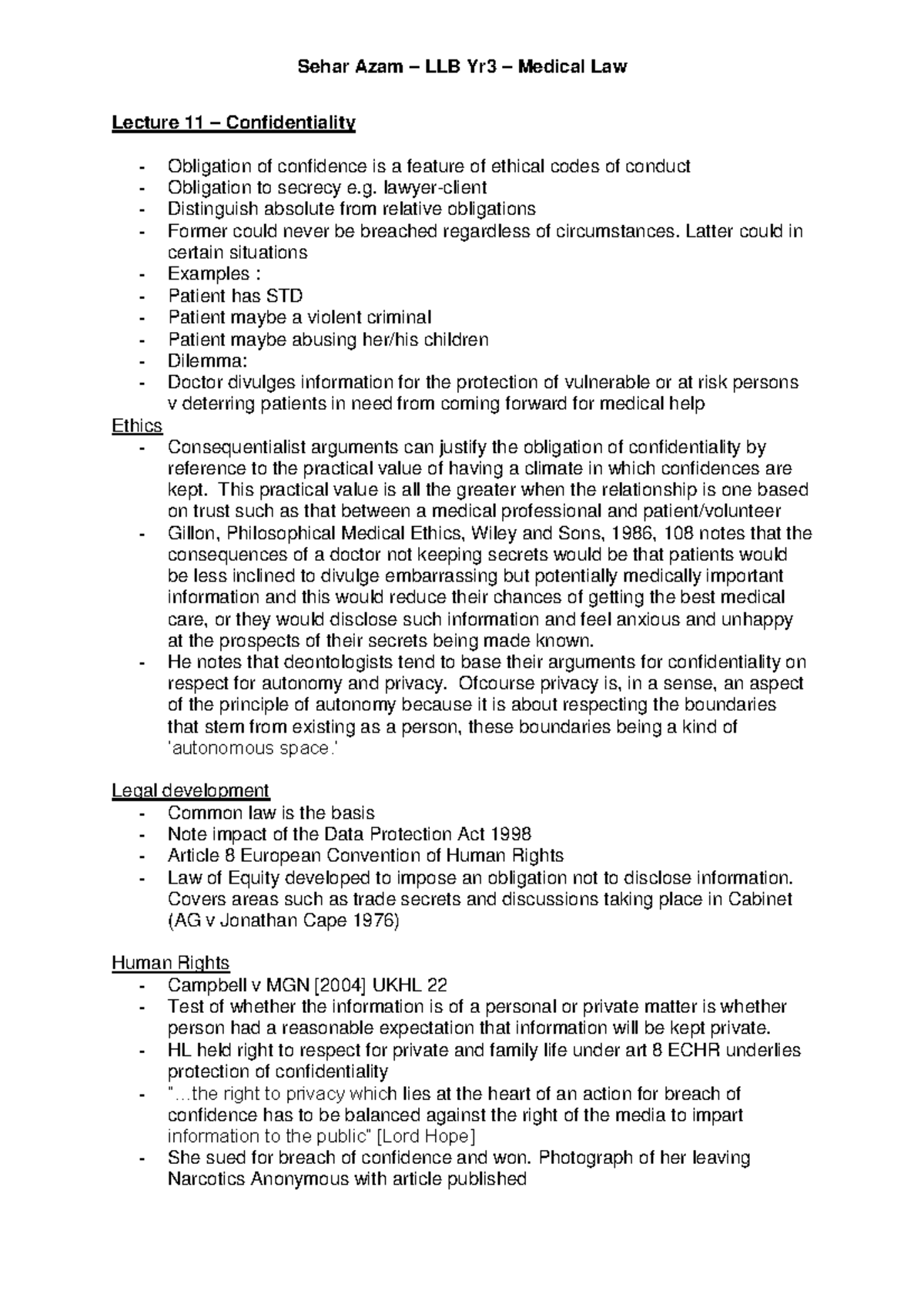 Lecture 11 – Confidentiality - Sehar Azam – LLB Yr3 – Medical Law ...