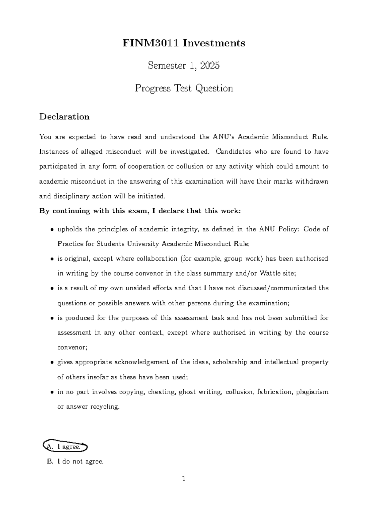 FINM3011 2025S1 Investments Progress Test Declaration and Questions ...
