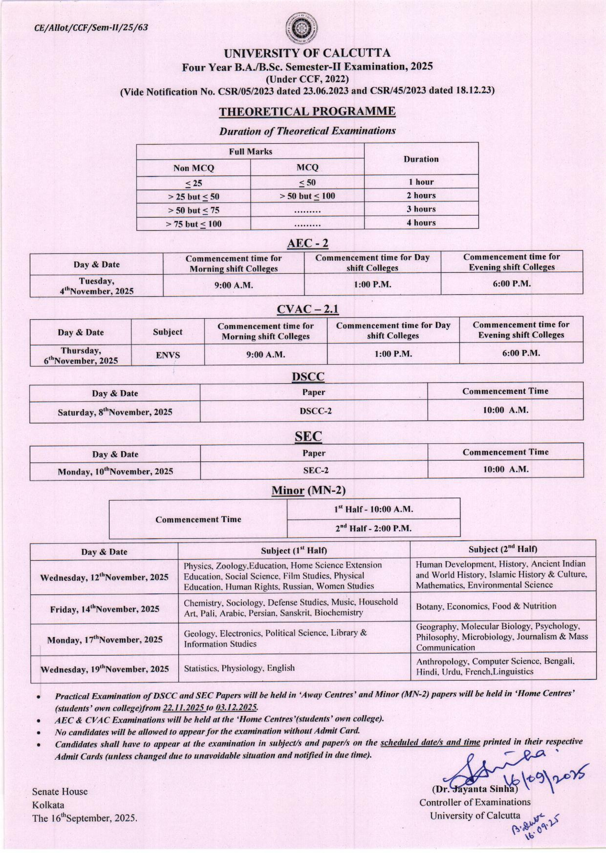 UNIVERSITY OF CALCUTTA Sem 2 2025 Examination Schedule - Studocu