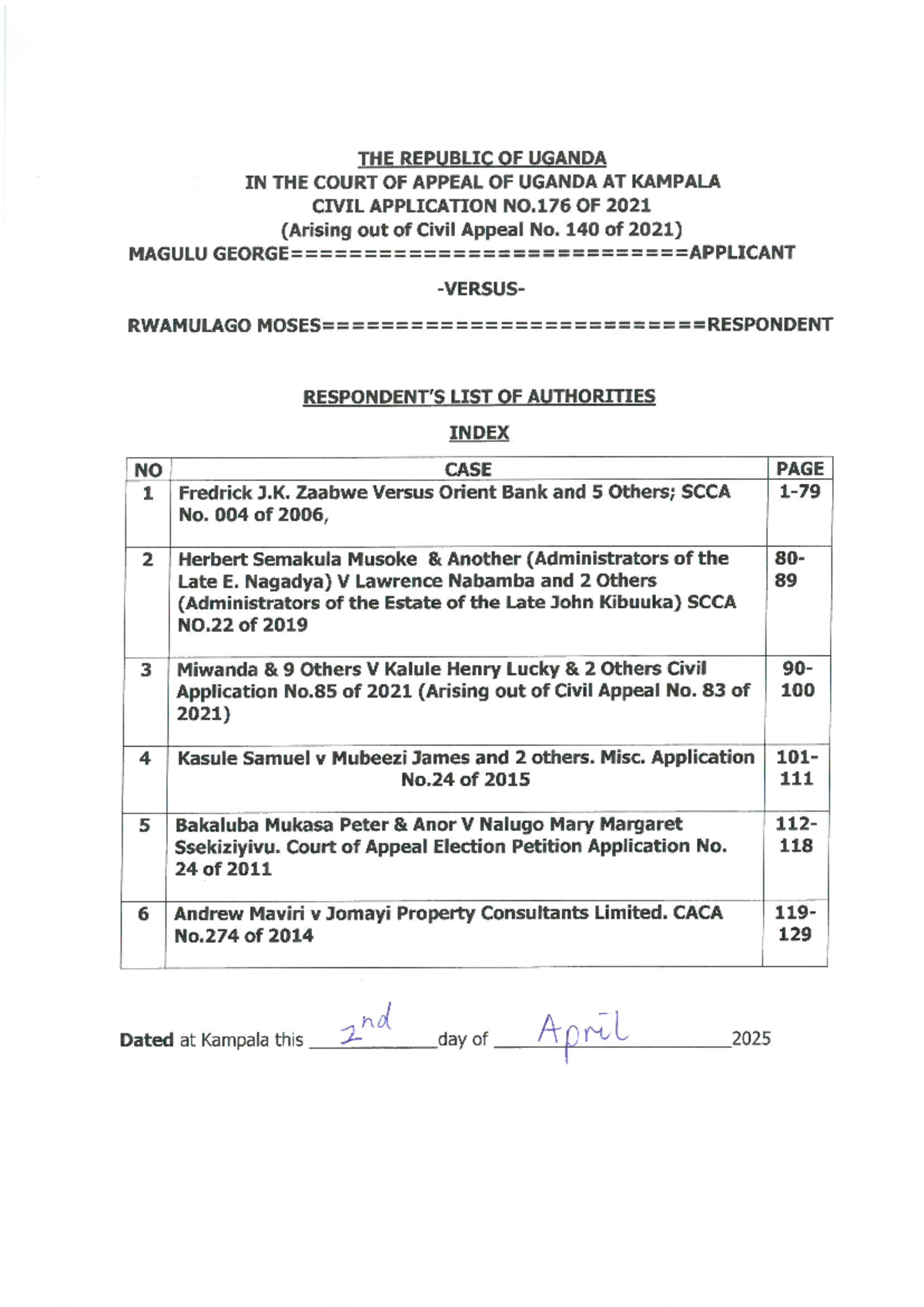 Civil application no. 176 of 2021: List of authorities and case index ...