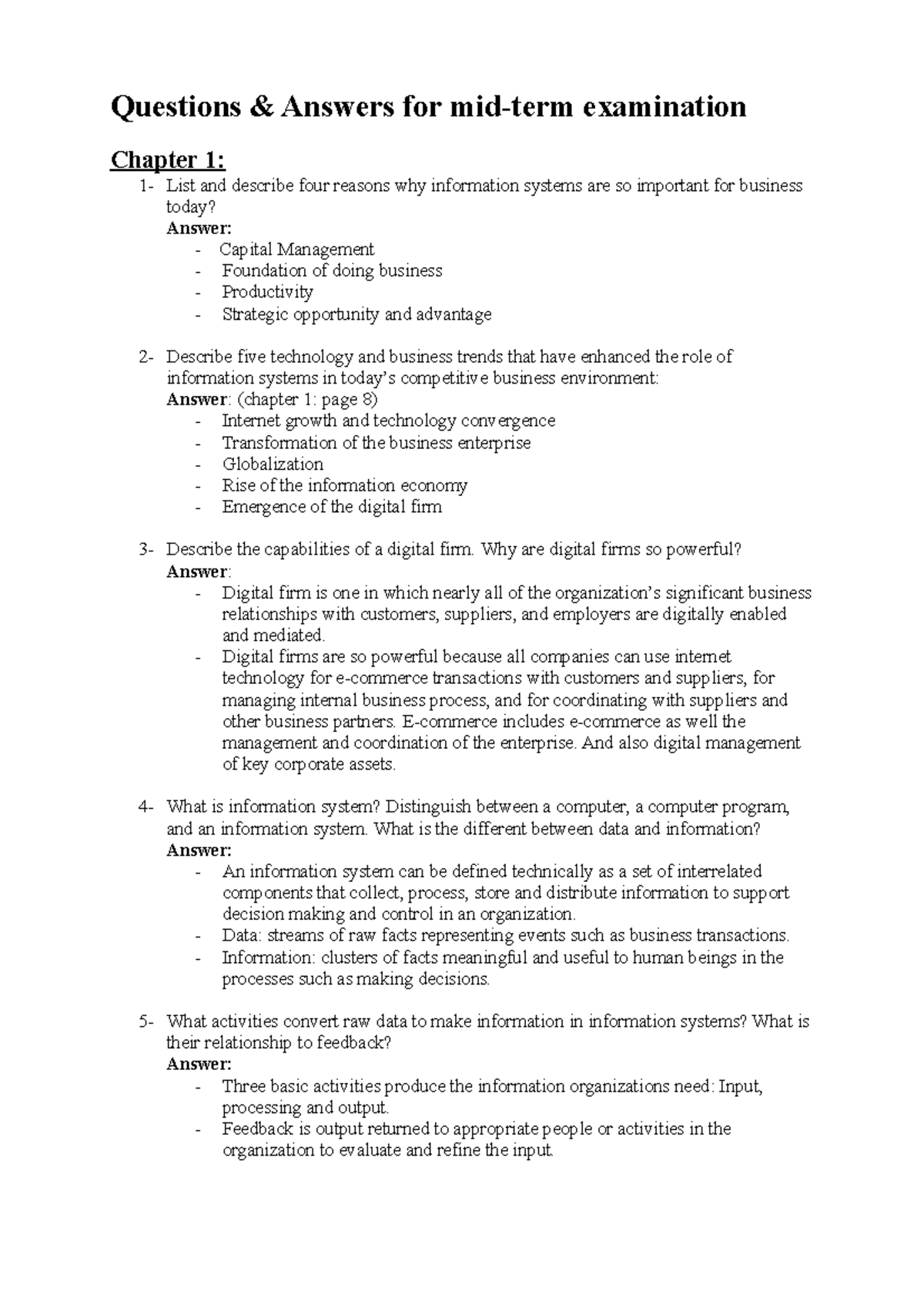 Questions and answer midterm mis - Questions & Answers for mid-term ...