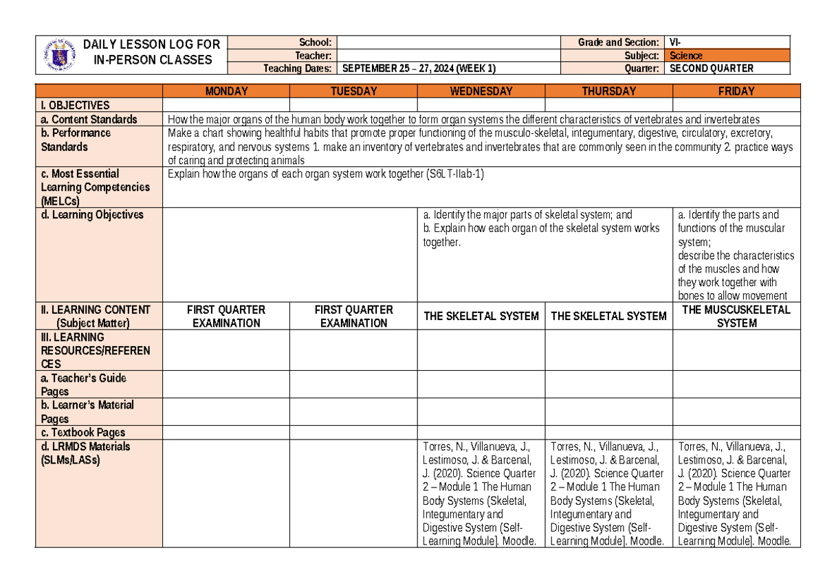 Daily Lesson Log: Science Grade VI for Sept 25-27, 2024 - Studocu