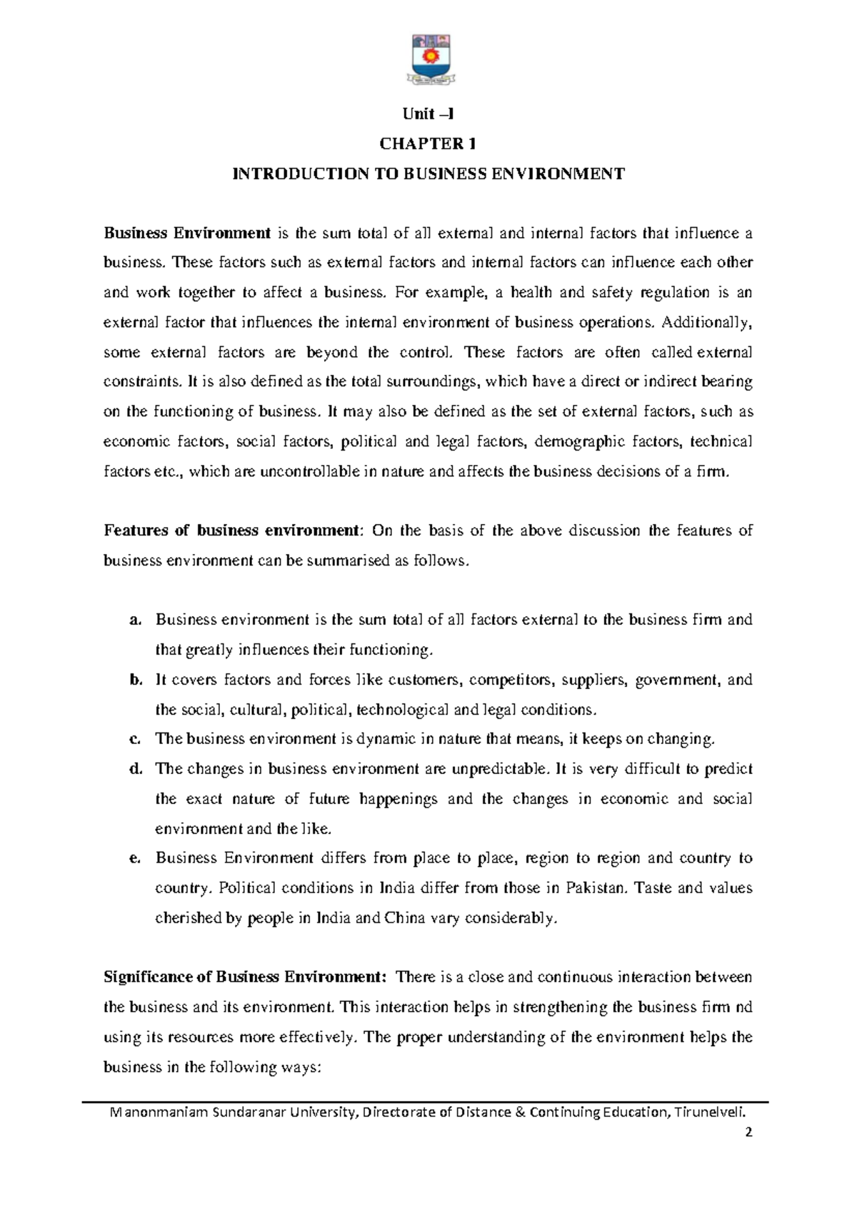 Business Environment Overview - Chapter 1 (Course Code: DBE101) - Studocu