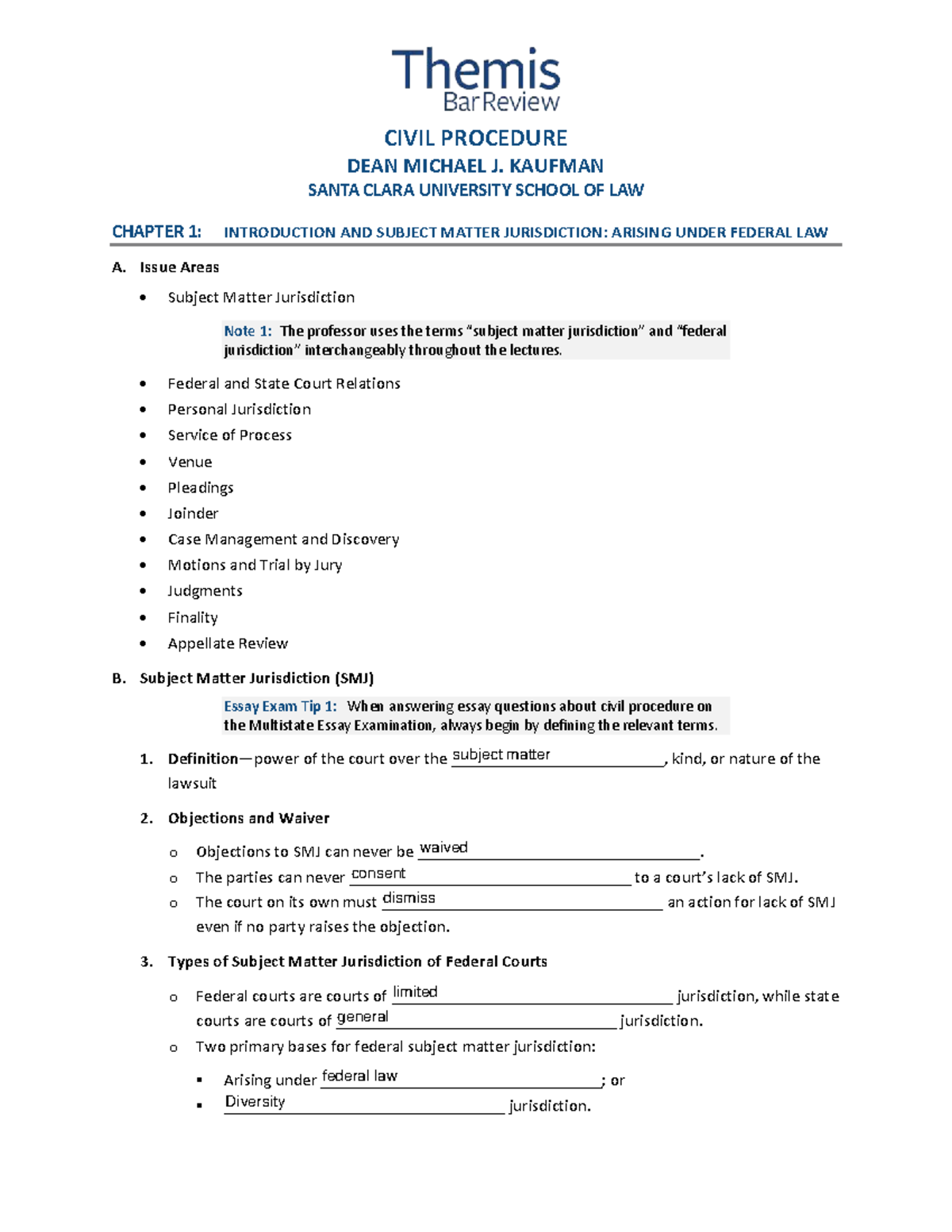CIVIL PROCEDURE (CIV PRO) CHAPTER 1: INTRODUCTION & SUBJECT MATTER