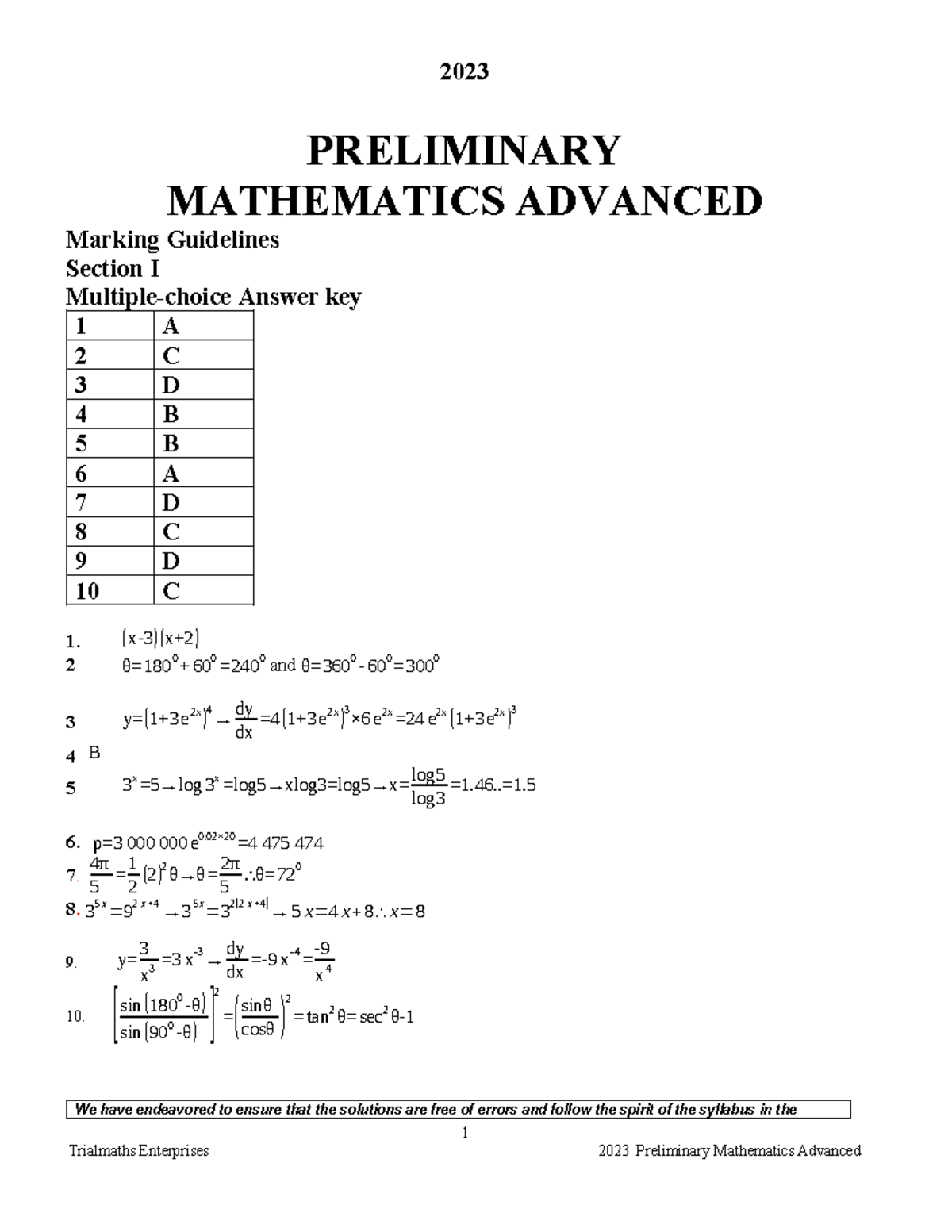 2023 Preliminary Mathematics Advanced (2U) Answer Key and Marking ...