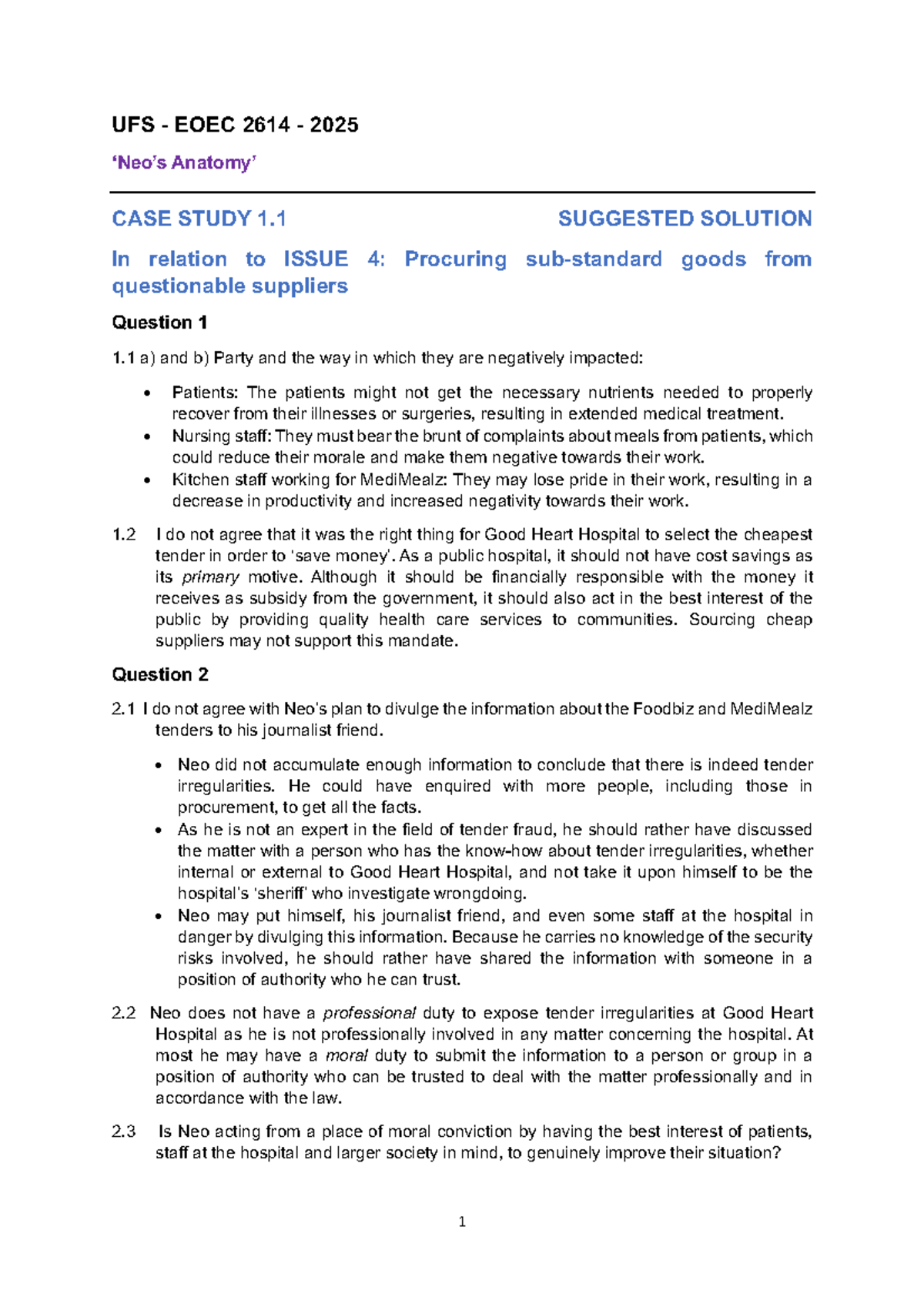 UFS EOEC 2614 2025 CASE STUDY 1.1 SOLUTIONS FOR ISSUES 4 & 5 - Studocu