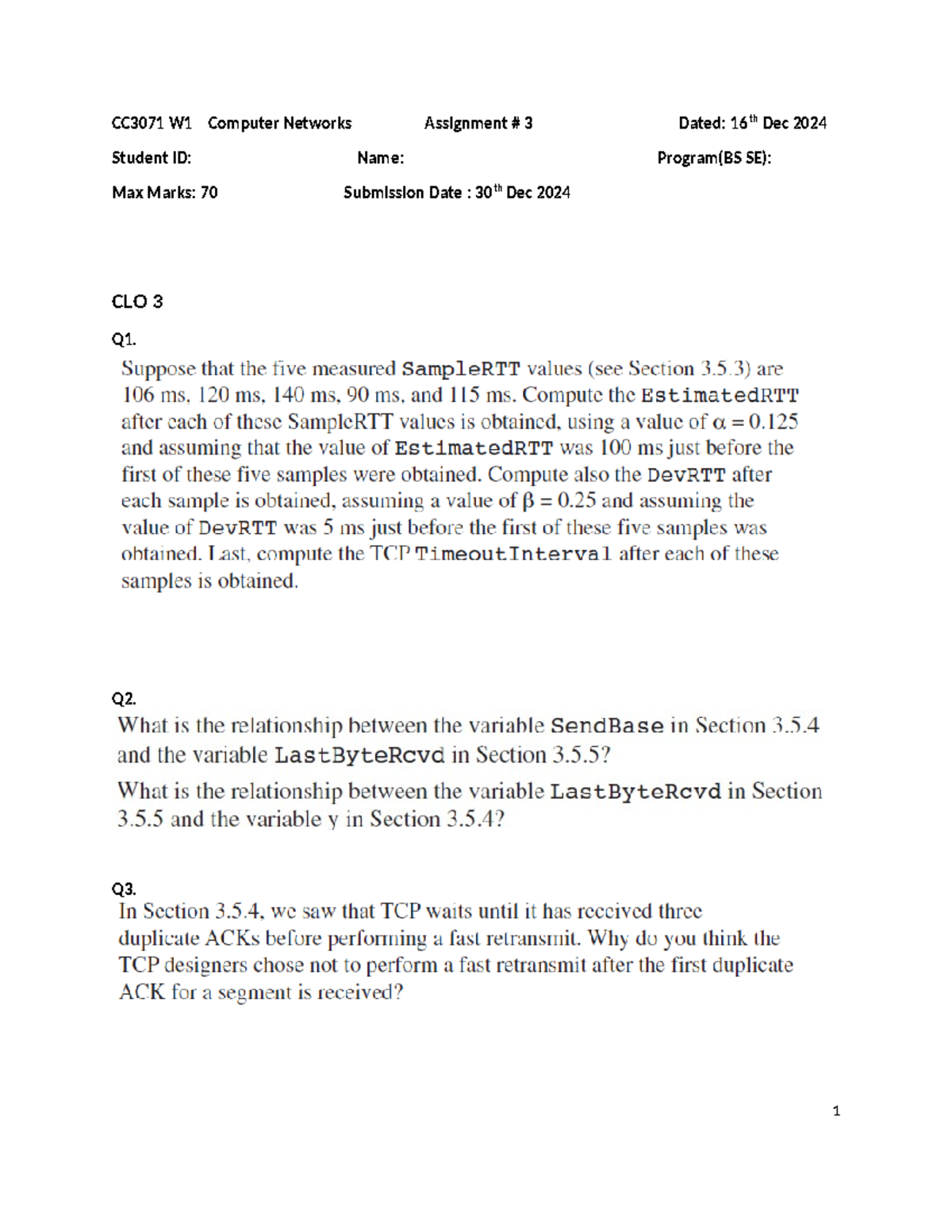 Assignment # 3 CC 3071 CN W2 W3 - CC3071 W1 Computer Networks ...