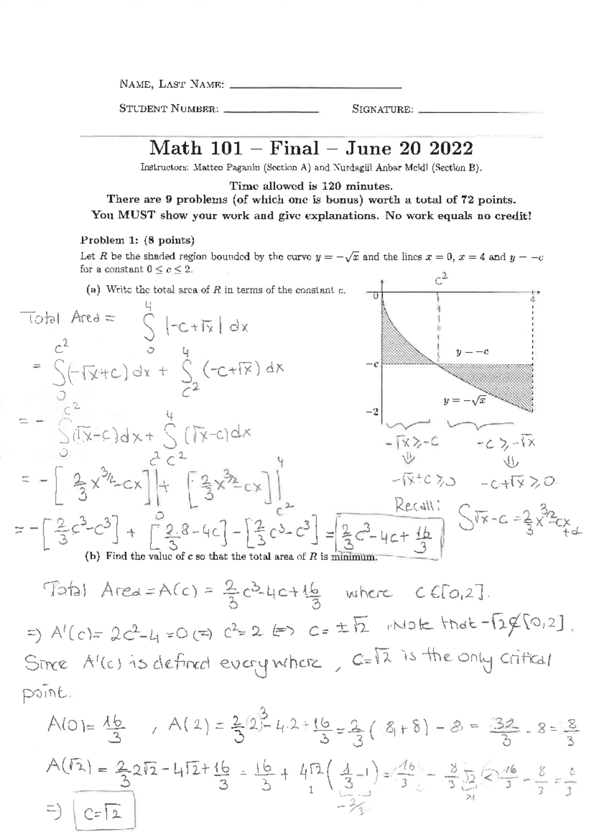 Math 101 Final Exam Solutions - June 20, 2022 - Studocu