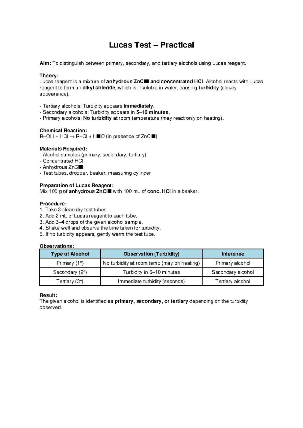 Lucas Test Practical-1: Distinguishing Alcohol Types Using Reagent ...