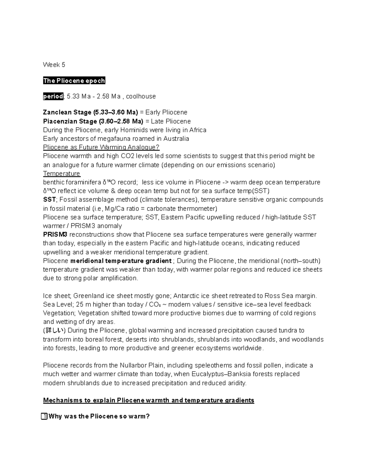 Week 5 Lecture Notes: The Pliocene Epoch and Climate Insights - Studocu