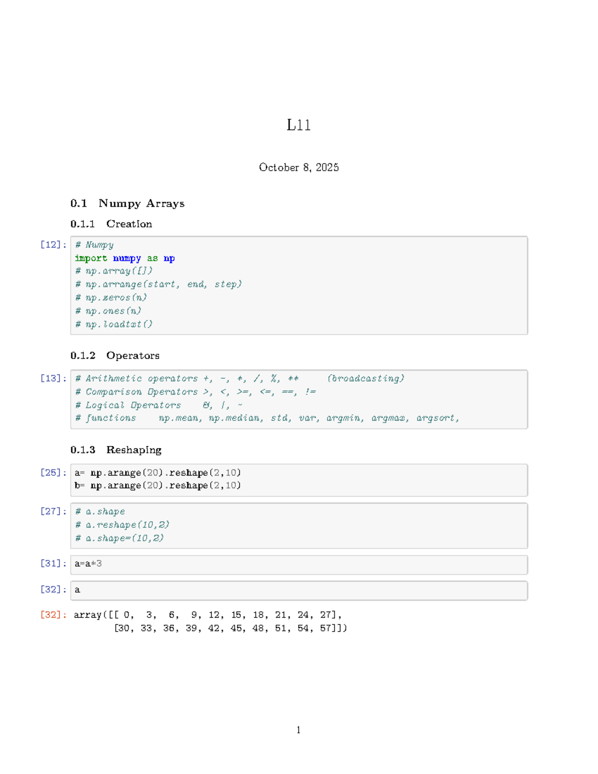 L11: Numpy Arrays - Creation, Operators, Reshaping & Indexing ...
