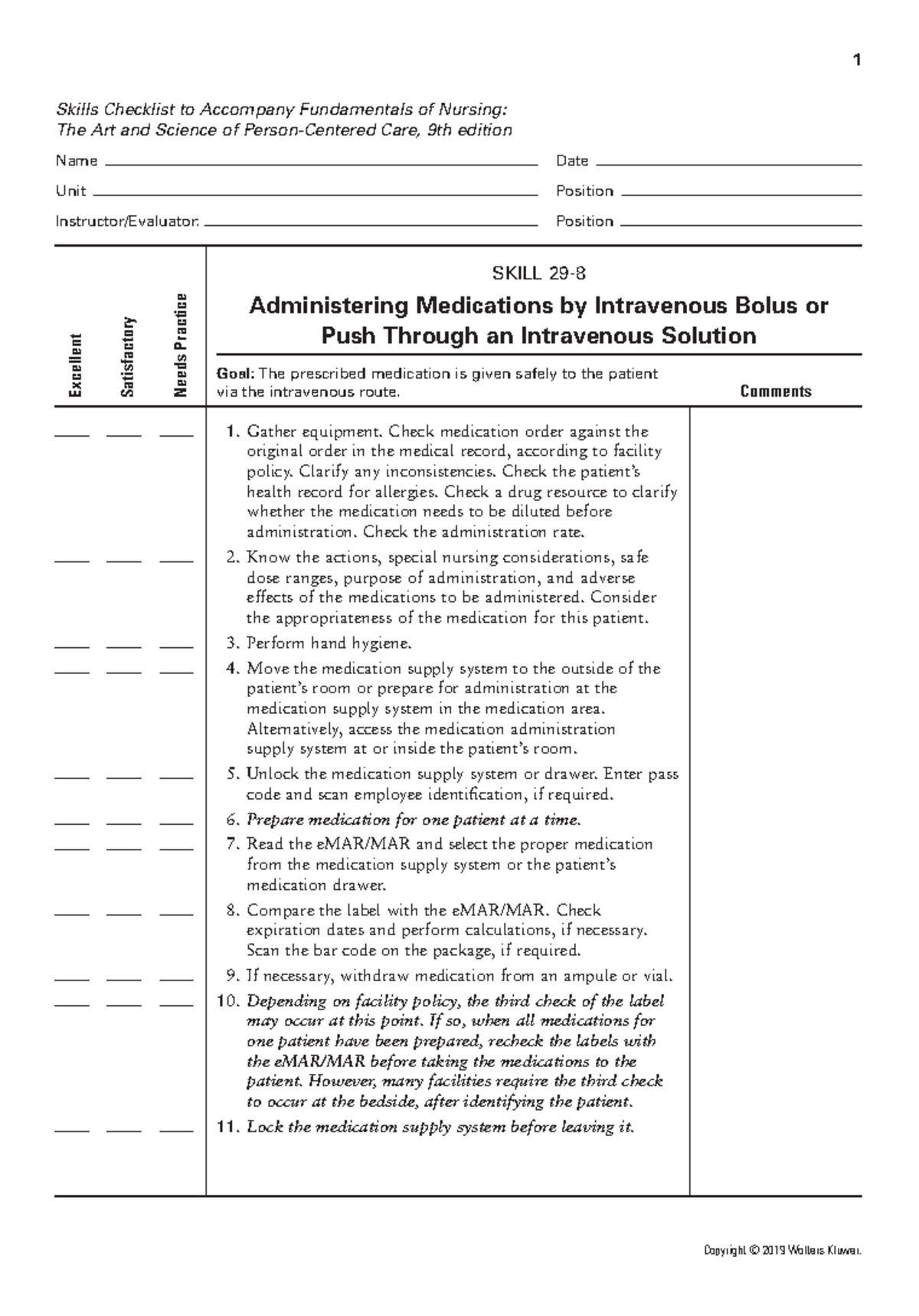 Skill 29-08: Administering IV Meds by Bolus or Push - Checklist - Studocu