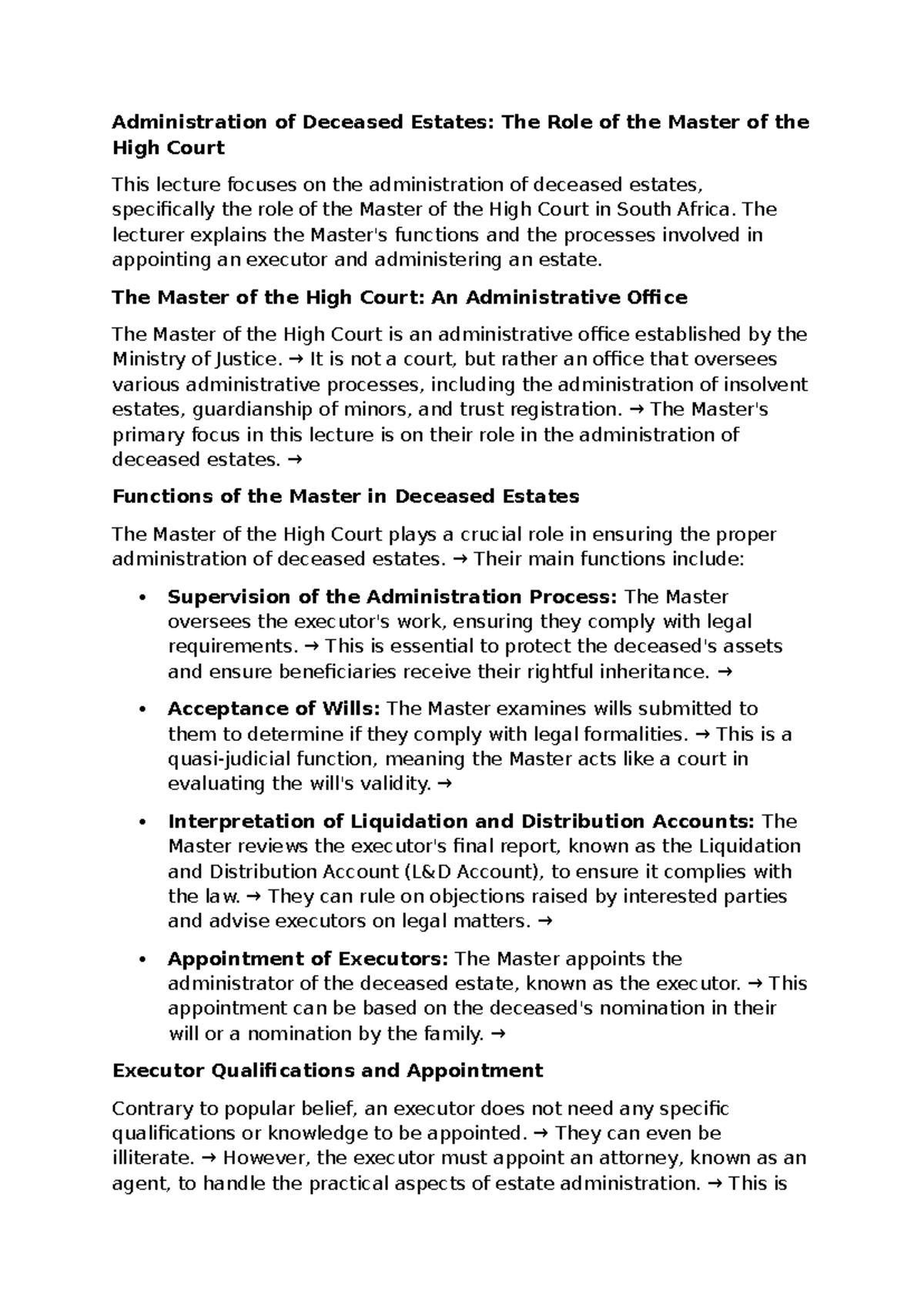 Master of the High Court: Admin of Deceased Estates Lecture Notes - Studocu