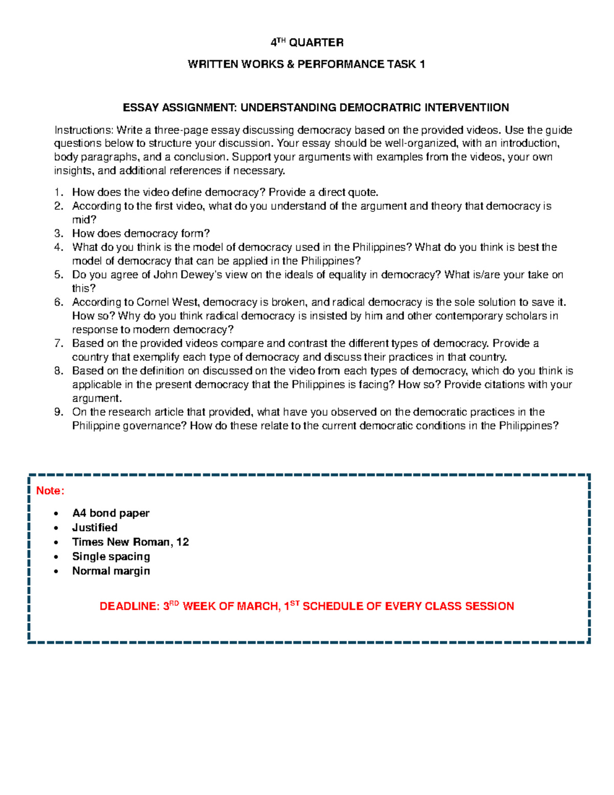 4TH Quarter 12 Activity - 4 TH QUARTER WRITTEN WORKS & PERFORMANCE TASK ...