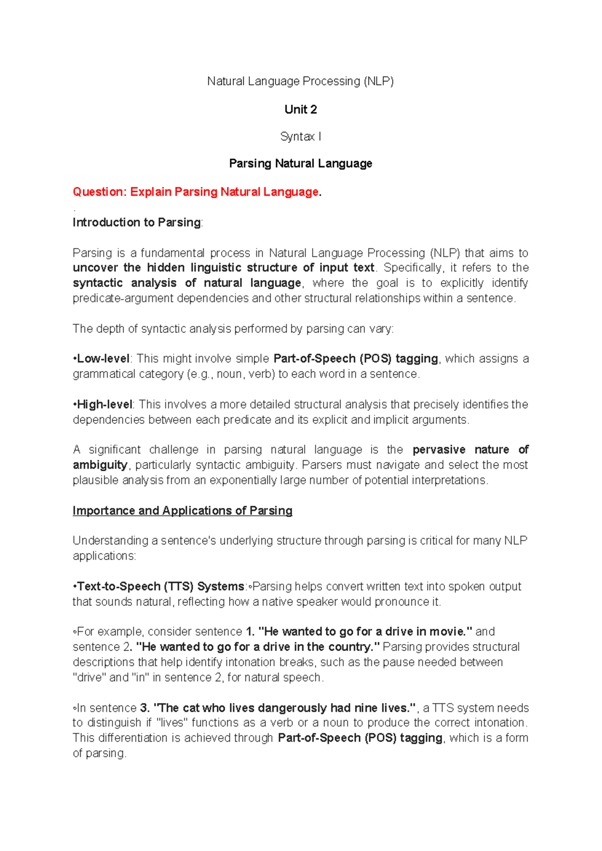 NLP Unit 2 - Understanding Parsing in Natural Language Processing - Studocu