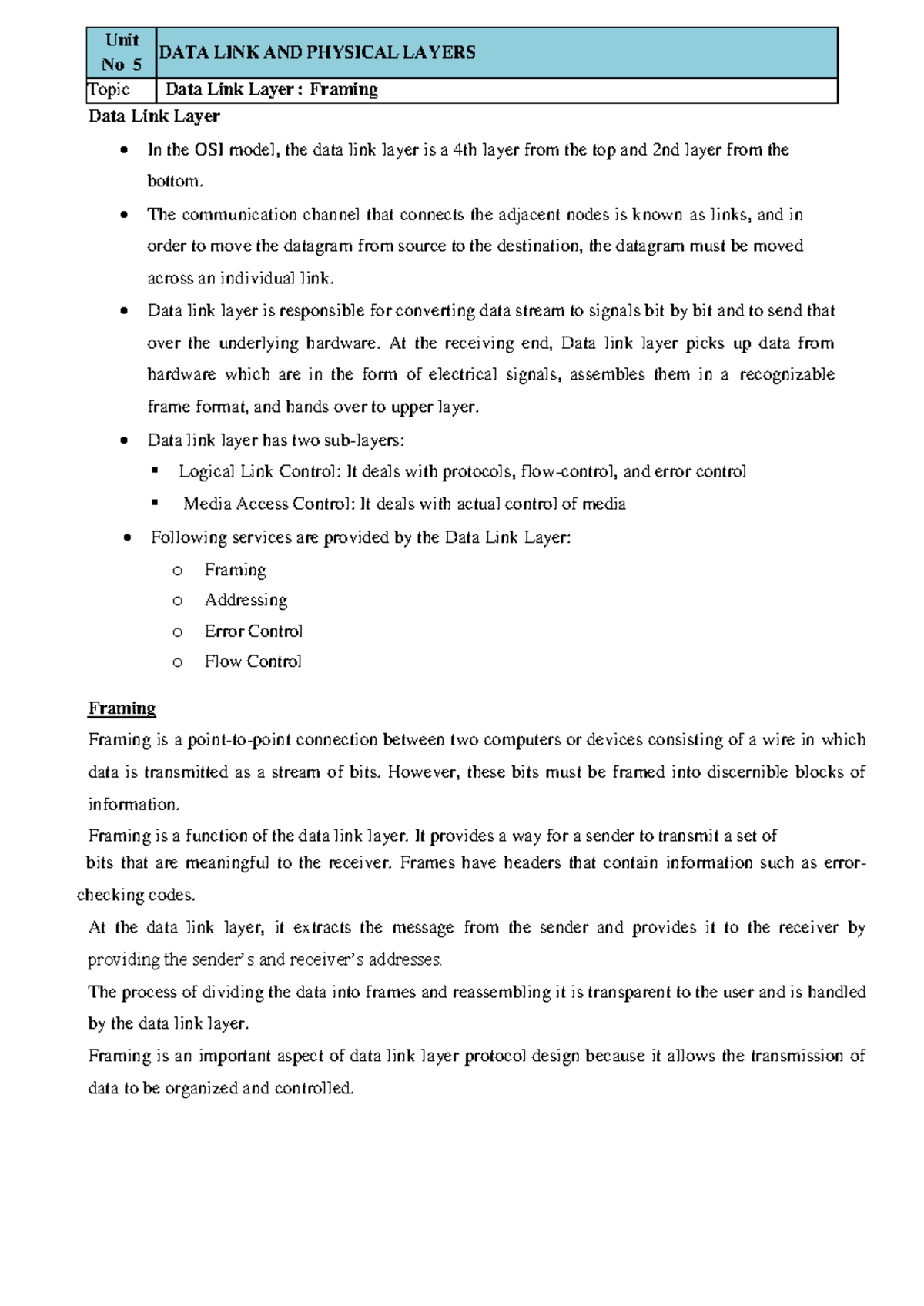 CN UNIT5 Lecture Notes: Data Link Layer & Framing Concepts - Studocu