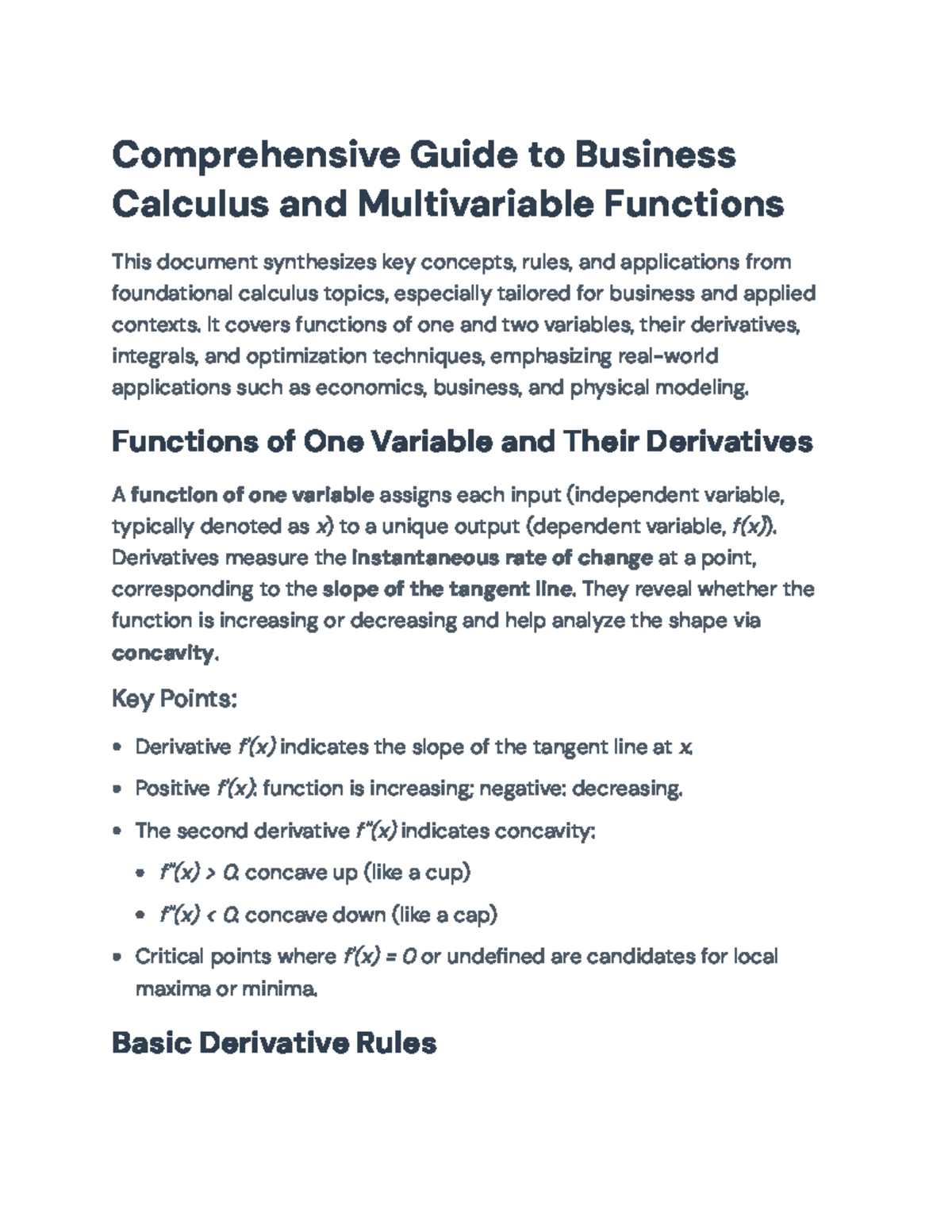 Comprehensive Guide to Business Calculus (CMB101) & Multivariable ...