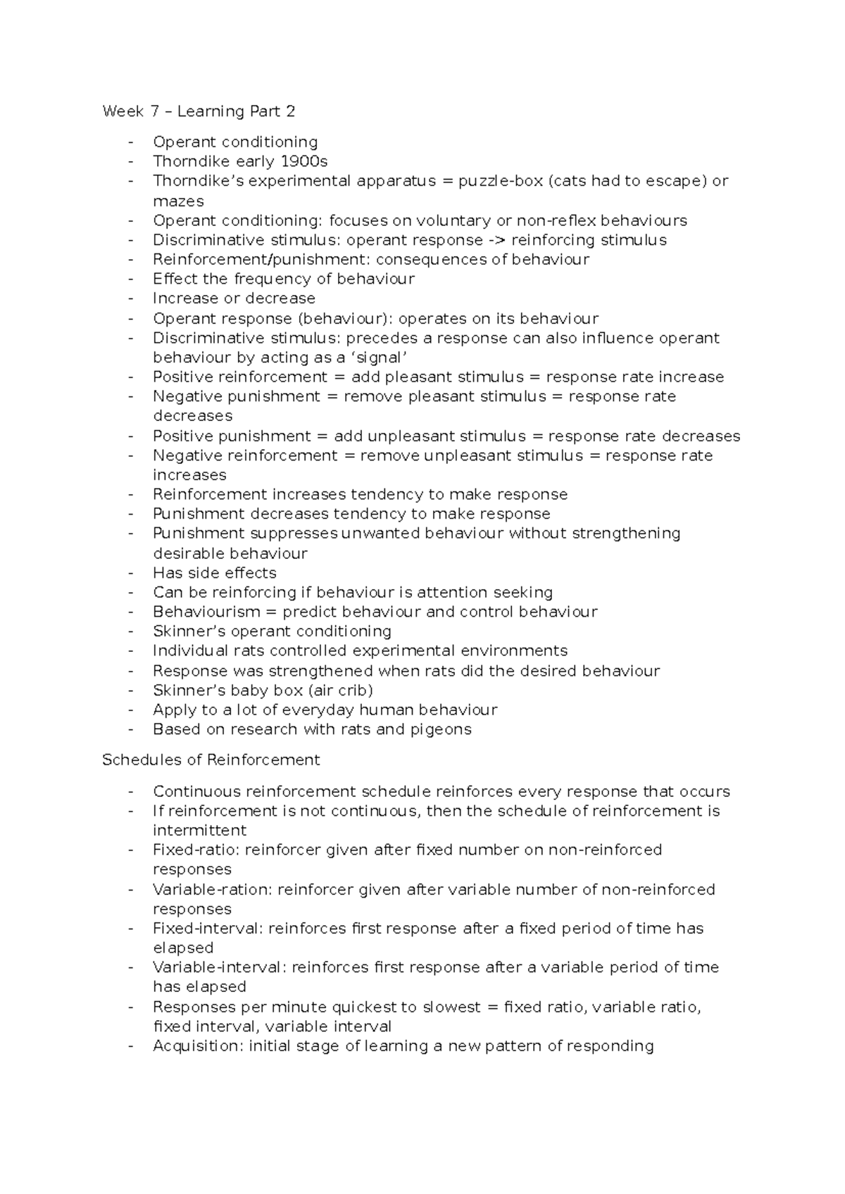Week 7 Lecture Notes: Operant Conditioning & Behavior Modification ...